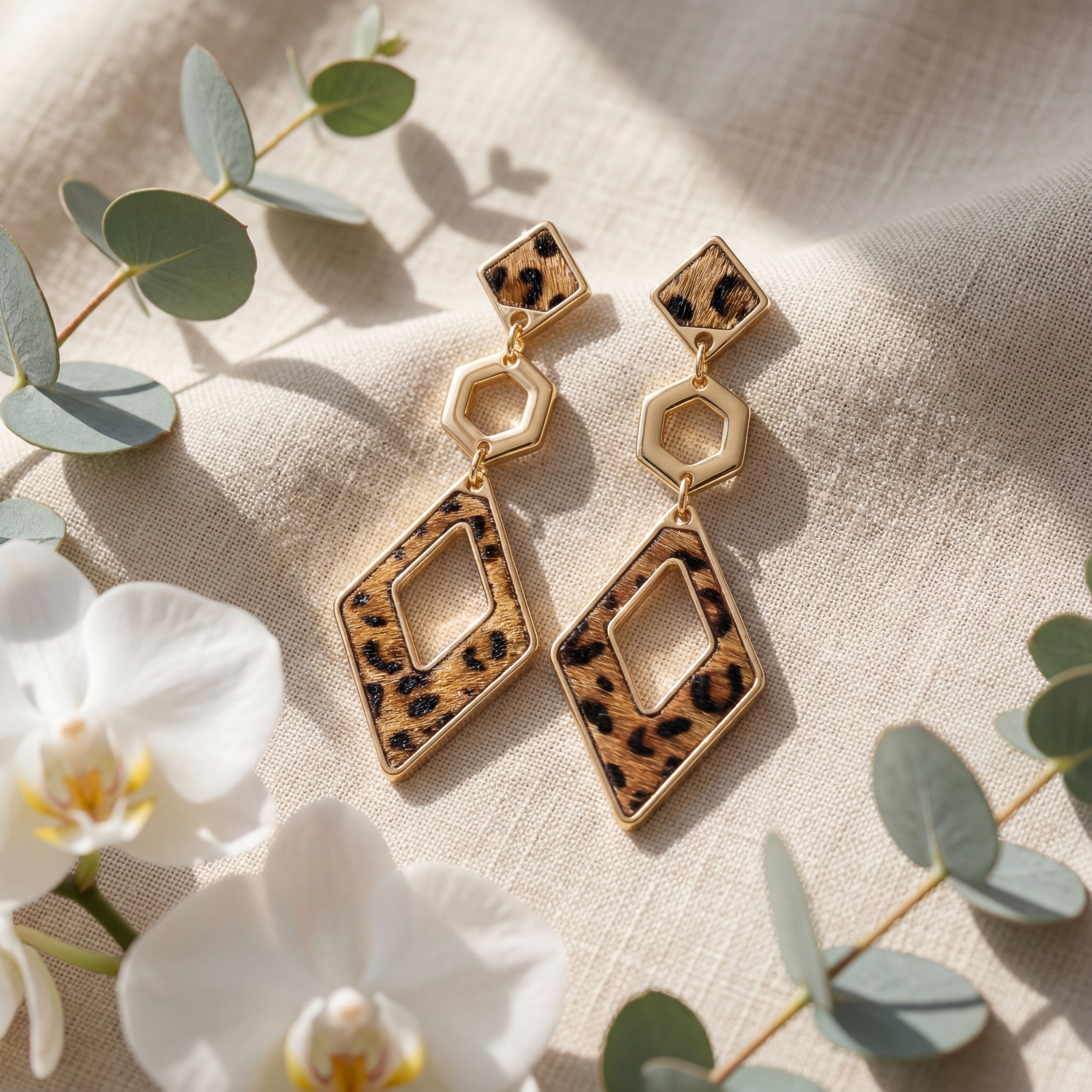 Korean Safari Chic Leopard Print & Geometric Triple Drop Earrings : YUFSER348