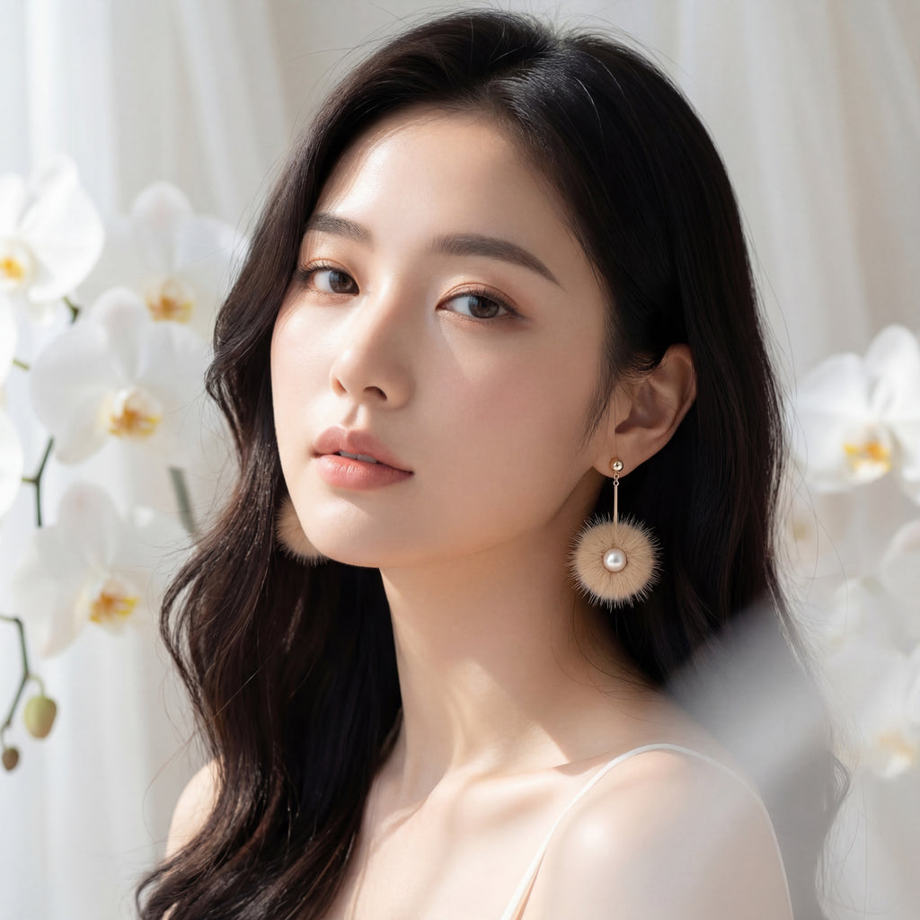 Korean Ribbon Bow & Fur Pom-Pom Earrings : YUFSER340