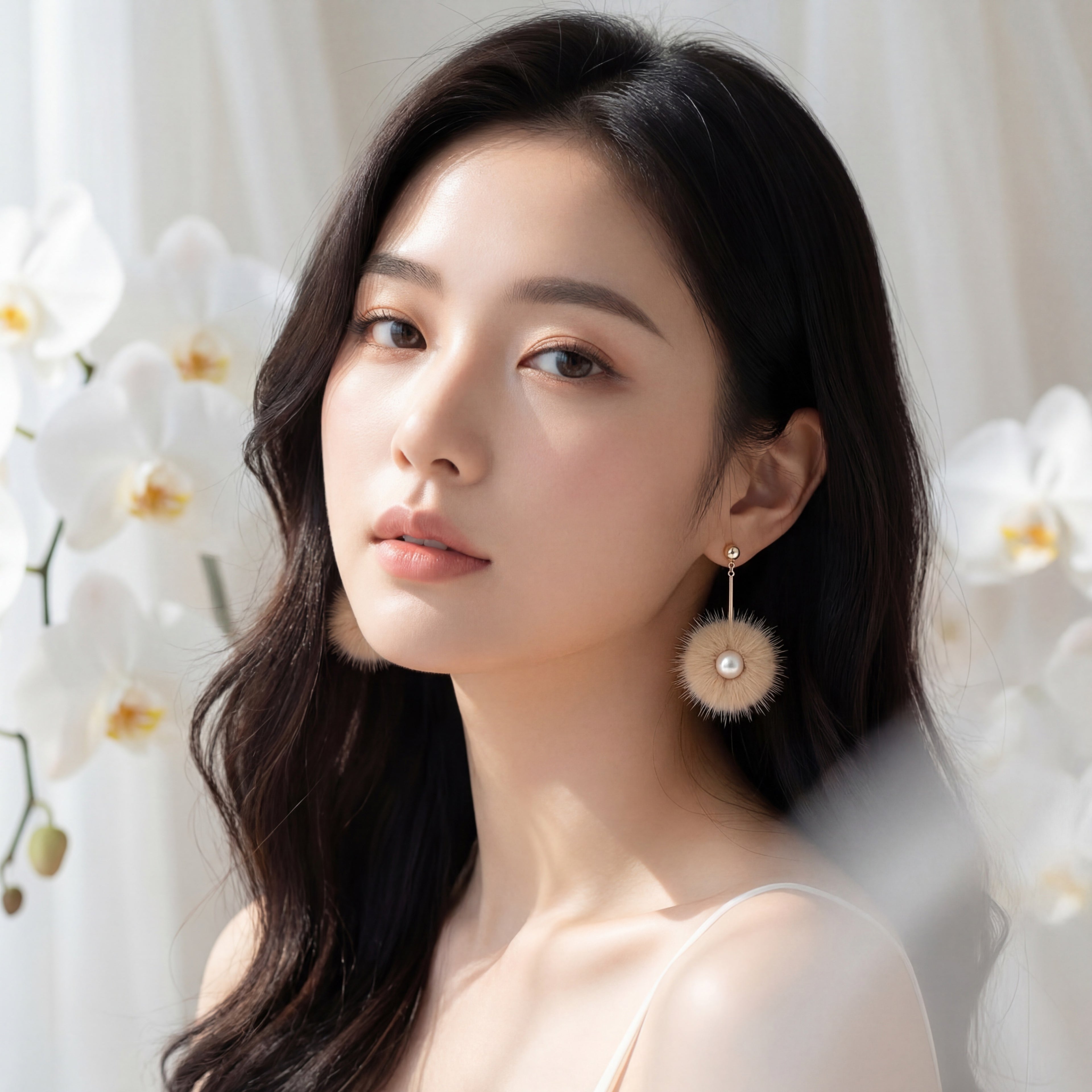 Korean Ribbon Bow & Fur Pom-Pom Earrings : YUFSER340
