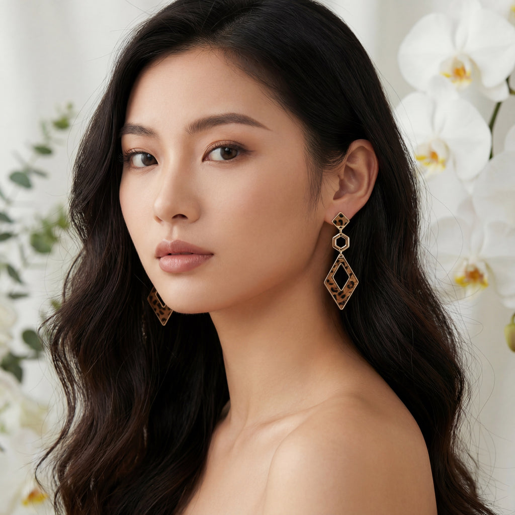 Korean Safari Chic Leopard Print & Geometric Triple Drop Earrings : YUFSER348