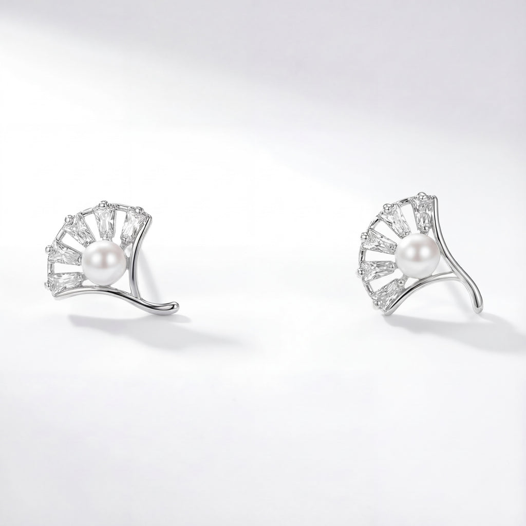Korean Silver Fan Ginkgo Studs : YUFSER352