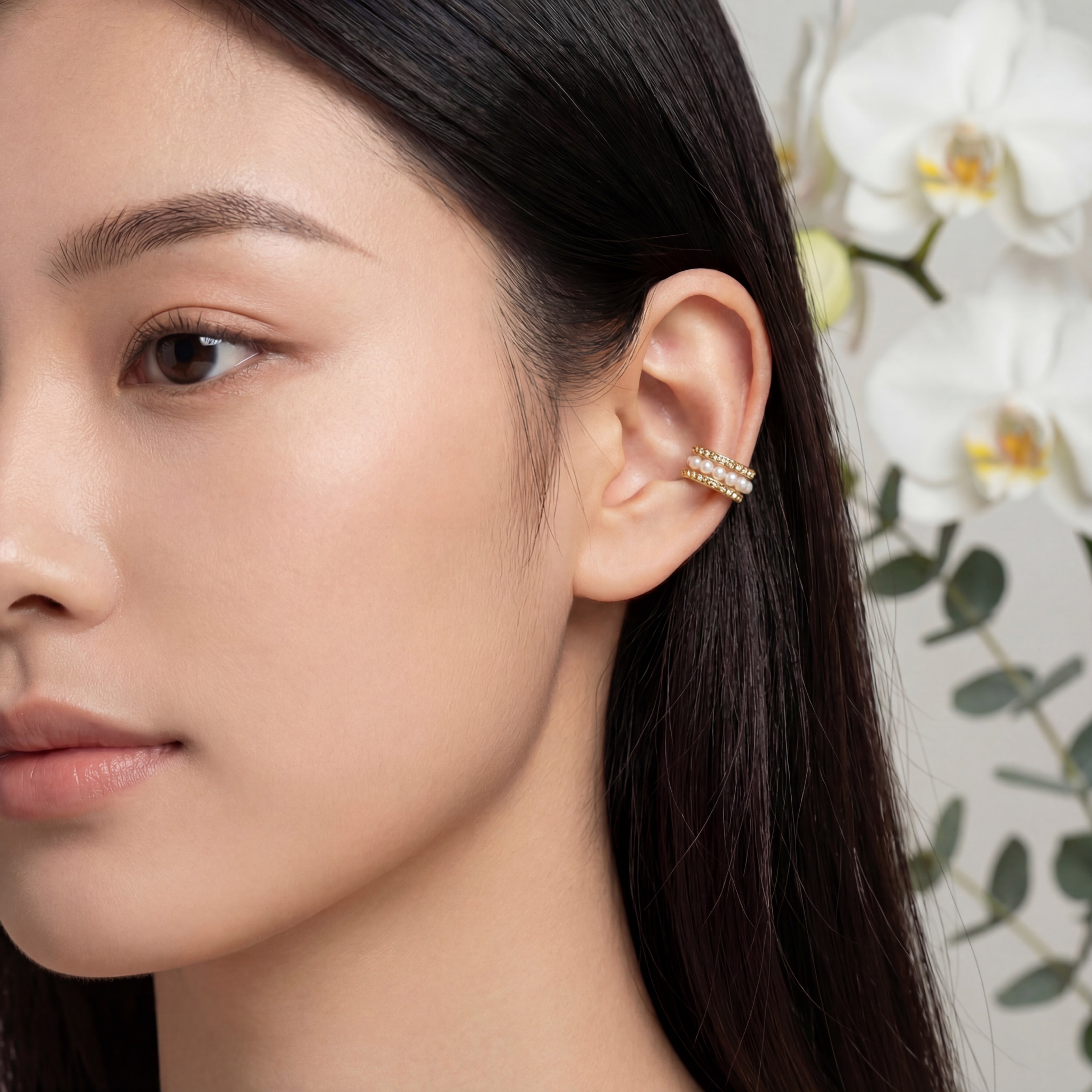 Korean Luminous Pearl & Beaded Orbital Ear Cuff : YUFSER018-YG