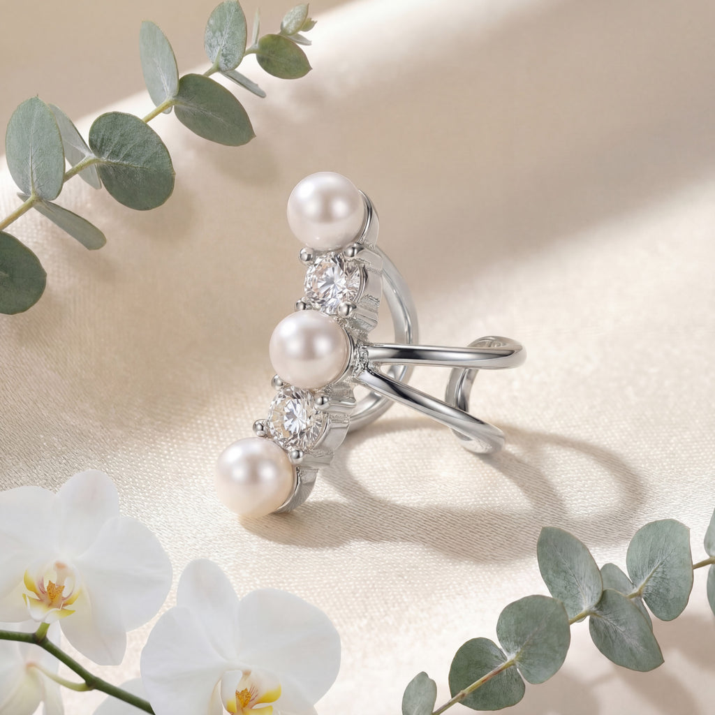 Korean Luminous Pearl & Pavé Orbital Ear Cuff : YUFSER017-SL