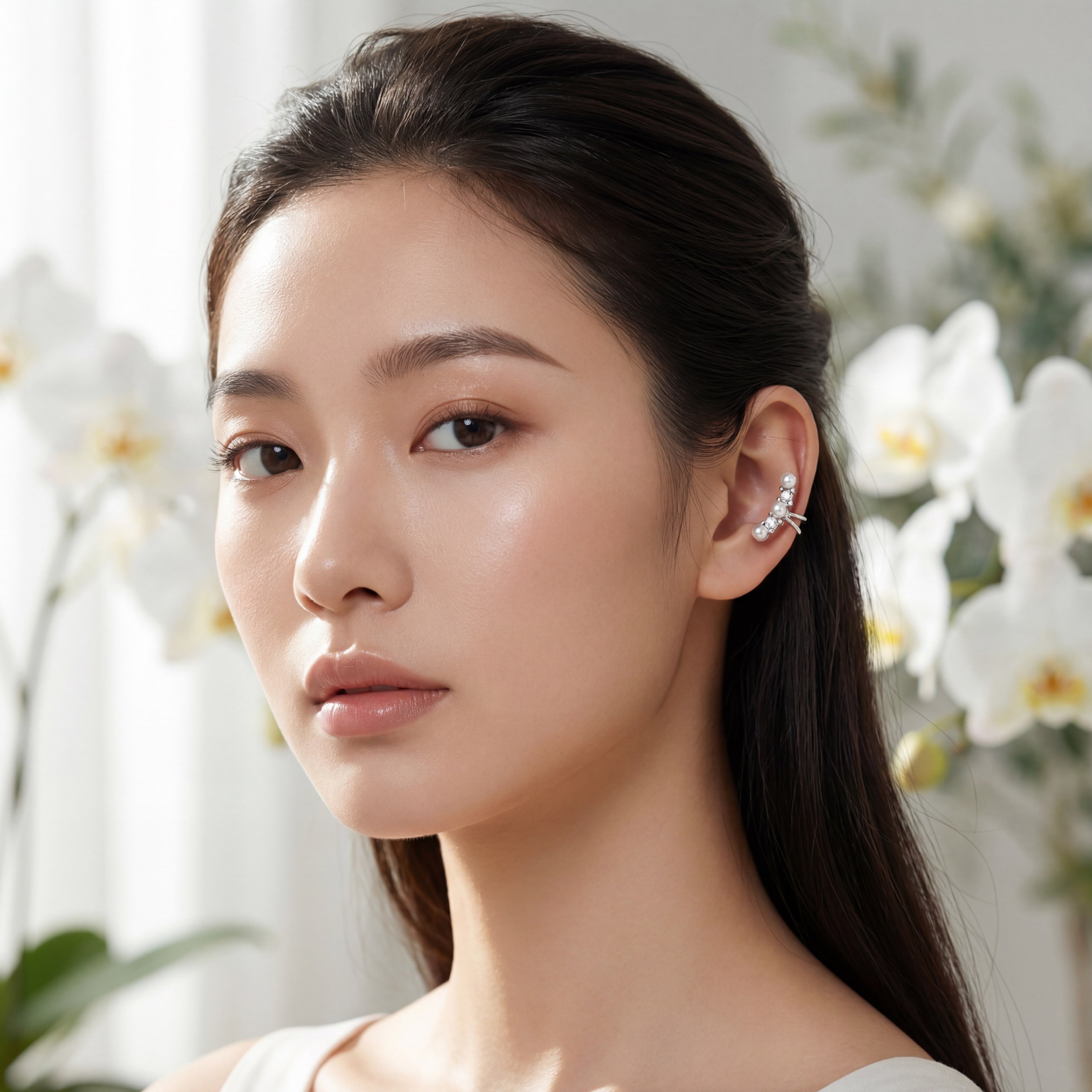 Korean Luminous Pearl & Pavé Orbital Ear Cuff : YUFSER017-SL