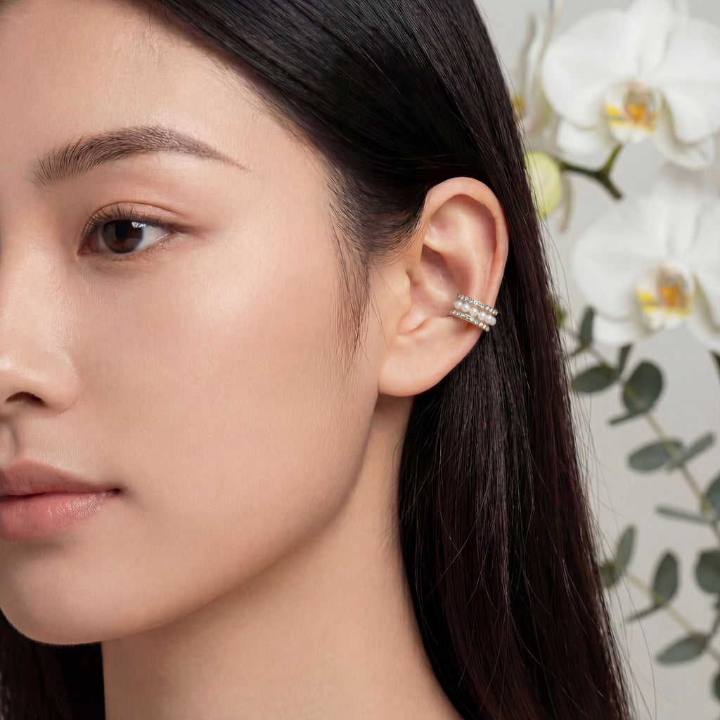 Korean Luminous Pearl & Beaded Orbital Ear Cuff : YUFSER018-SL