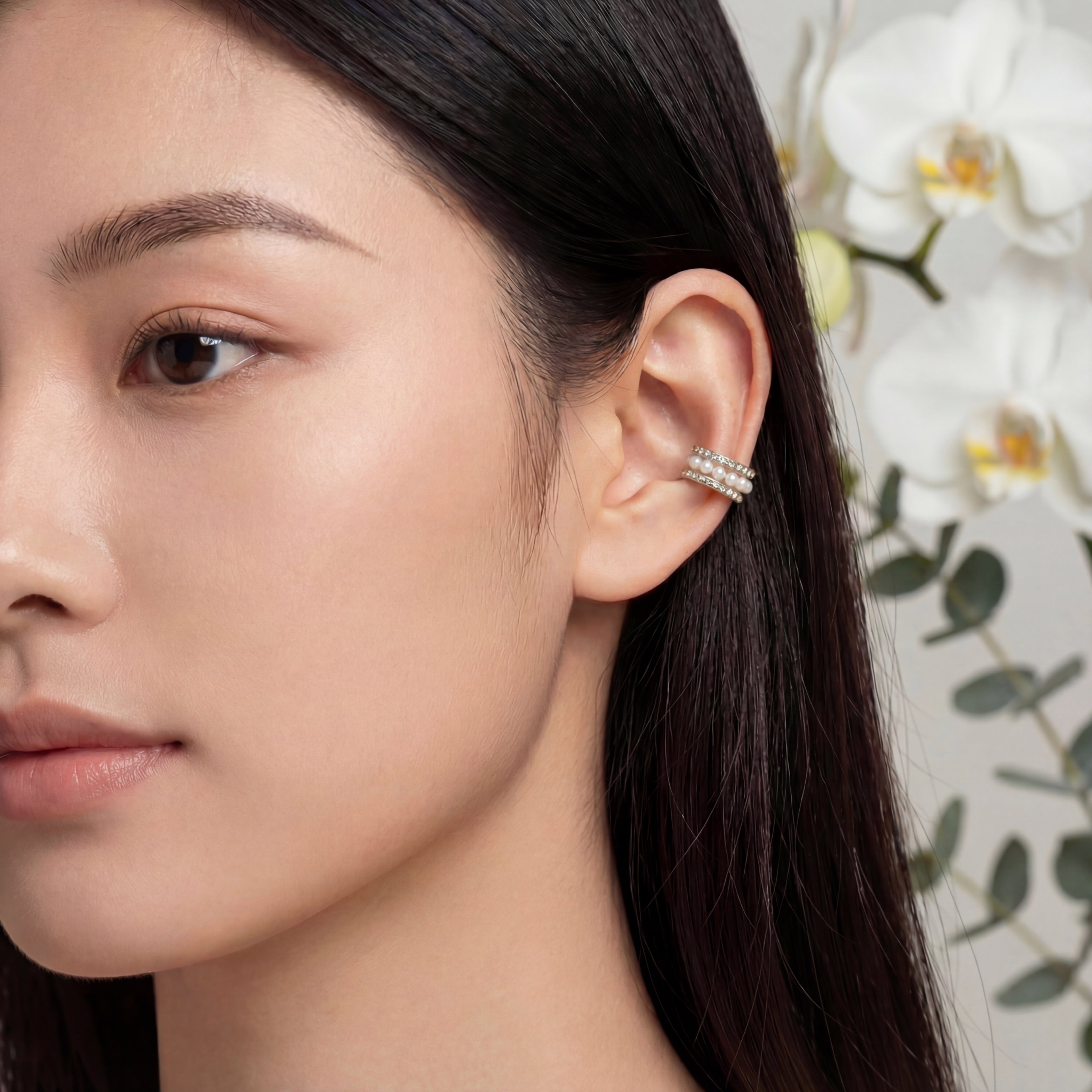 Korean Luminous Pearl & Beaded Orbital Ear Cuff : YUFSER018-SL