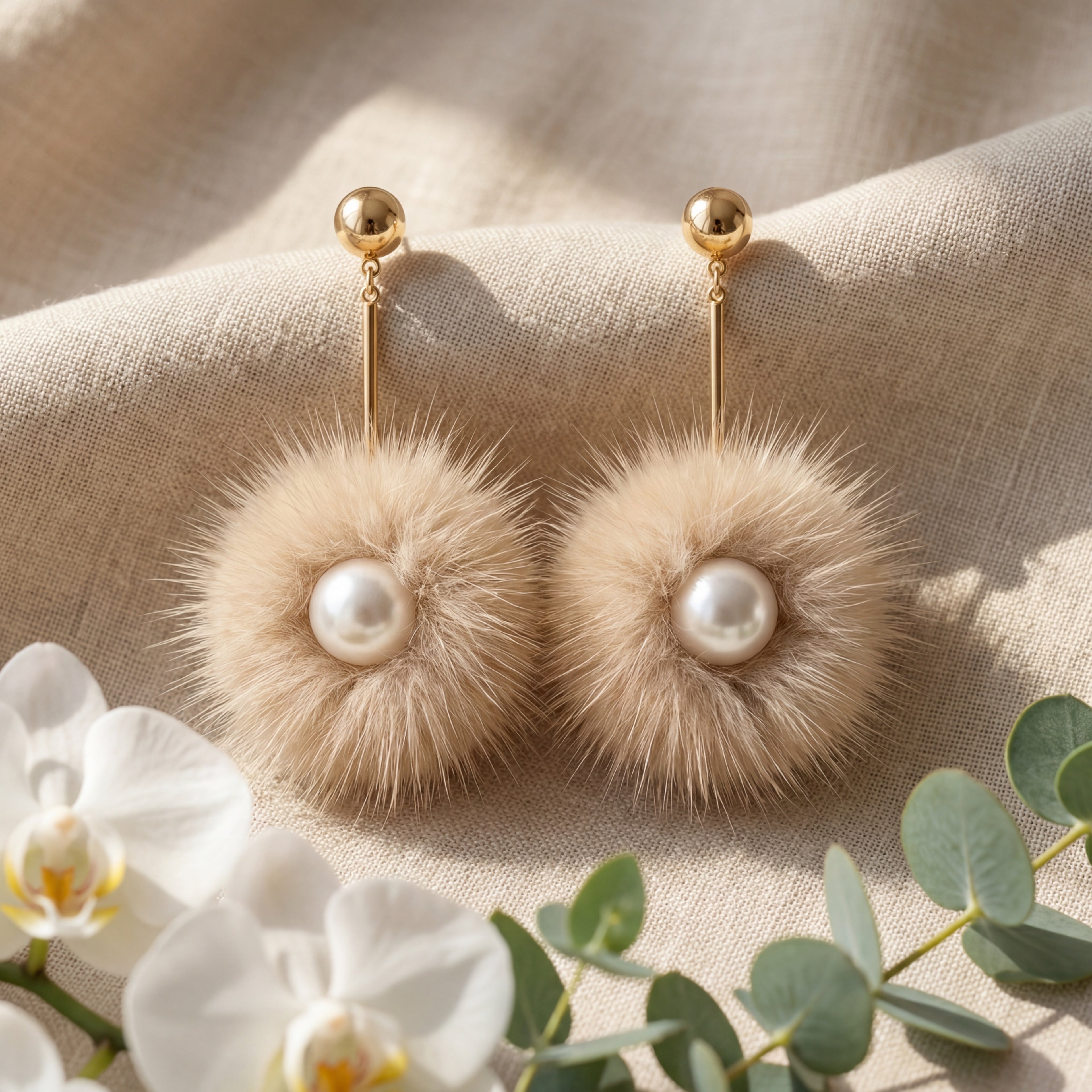 Korean Ribbon Bow & Fur Pom-Pom Earrings : YUFSER340