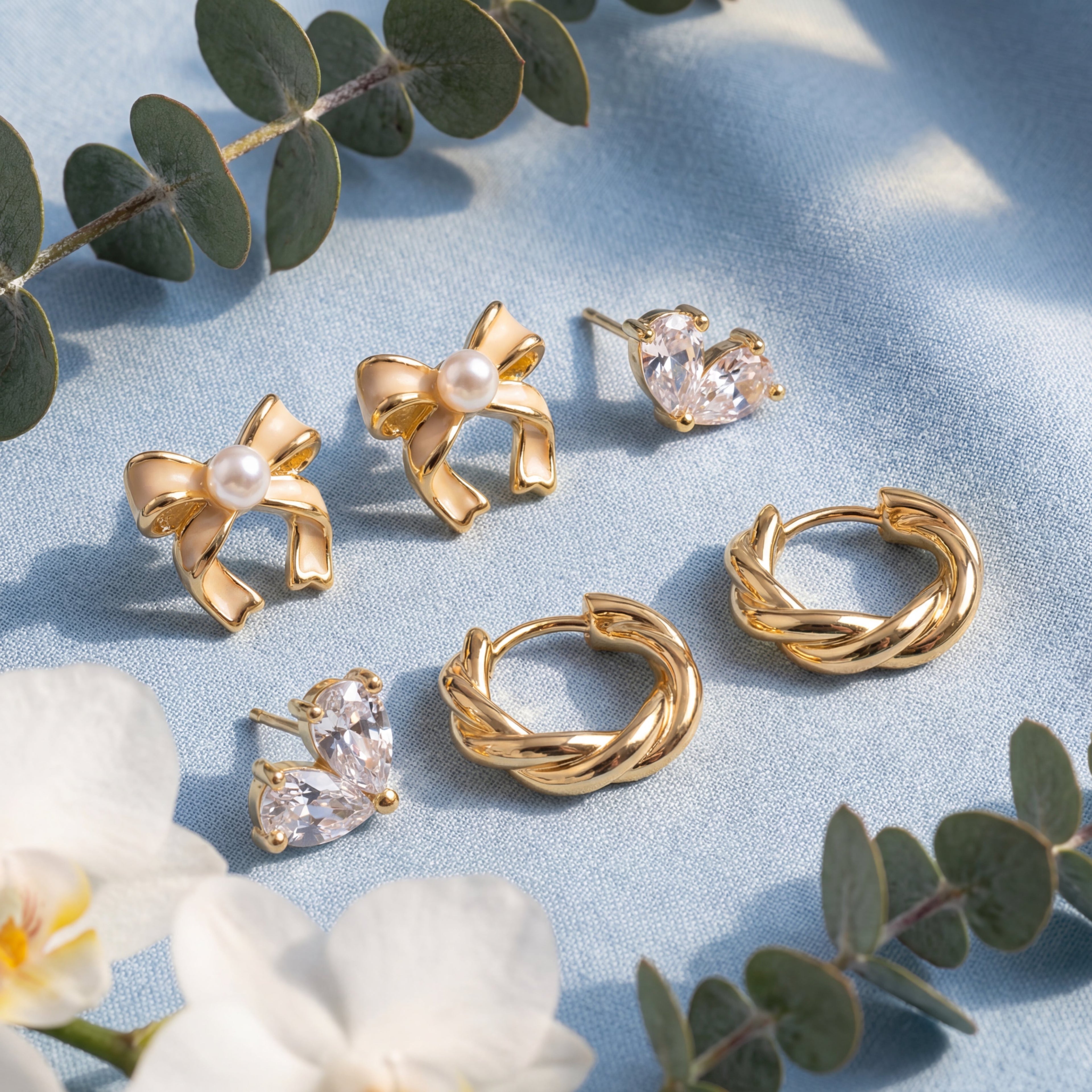 Korean Golden Trio Pearl & Bow Earring Set : YUFSER019-YG
