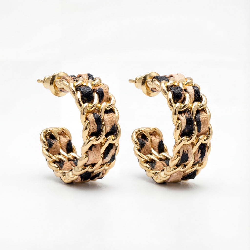 Korean Braided Leather & Gold Chain Hoops : YUFSER339