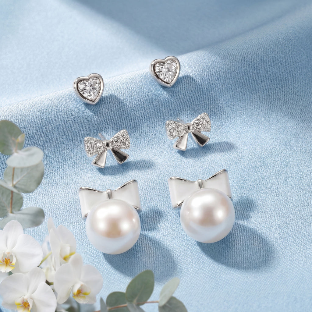 Korean Graceful Bow & Heart Earring Trio : YUFSER022-SL