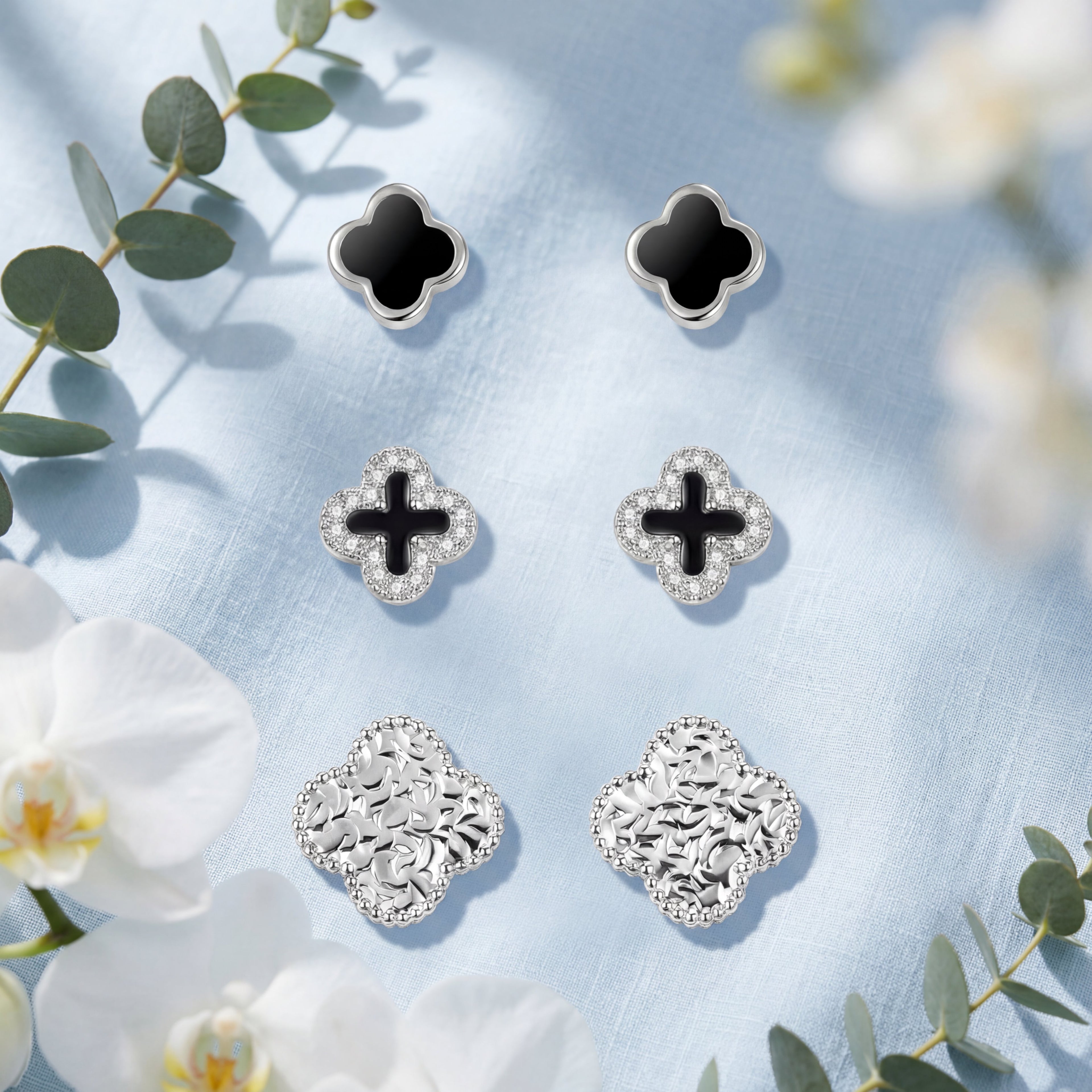 Korean Midnight Clover & Textured Earring Set : YUFSER025-SL