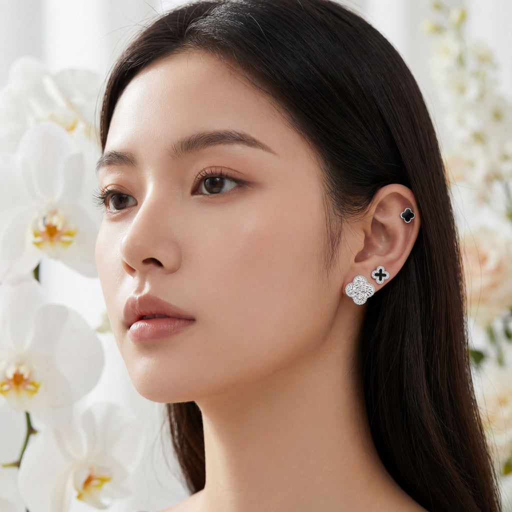 Korean Midnight Clover & Textured Earring Set : YUFSER025-SL