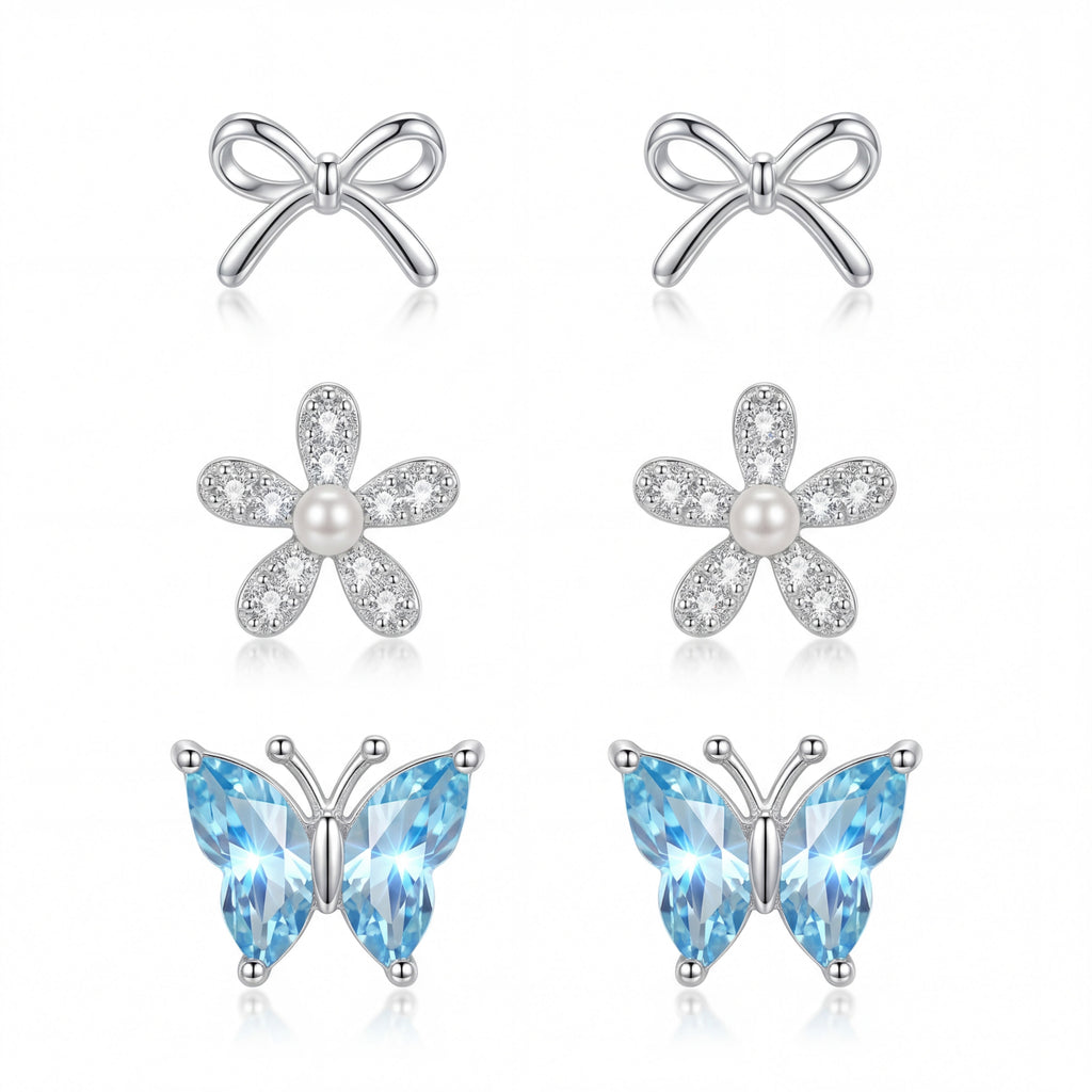 Korean Azure Meadow & Pavé Earring Trio : YUFSER028-SB