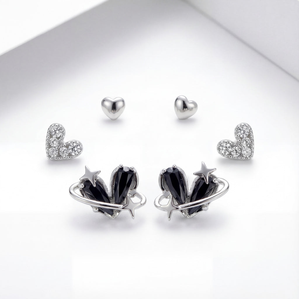 Korean Midnight Galaxy & Pavé Heart Earring Set. : YUFSER026-SB