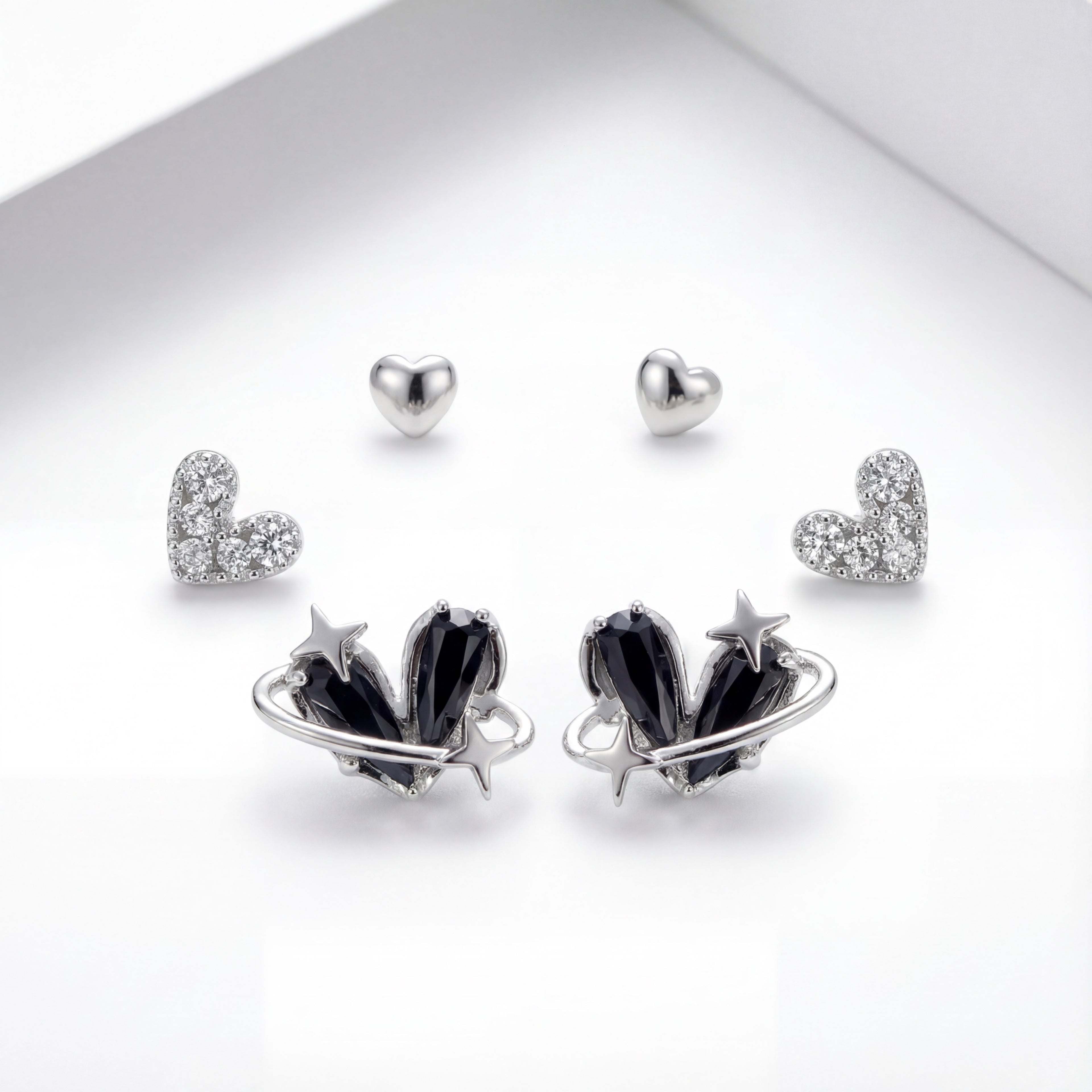 Korean Midnight Galaxy & Pavé Heart Earring Set. : YUFSER026-SB