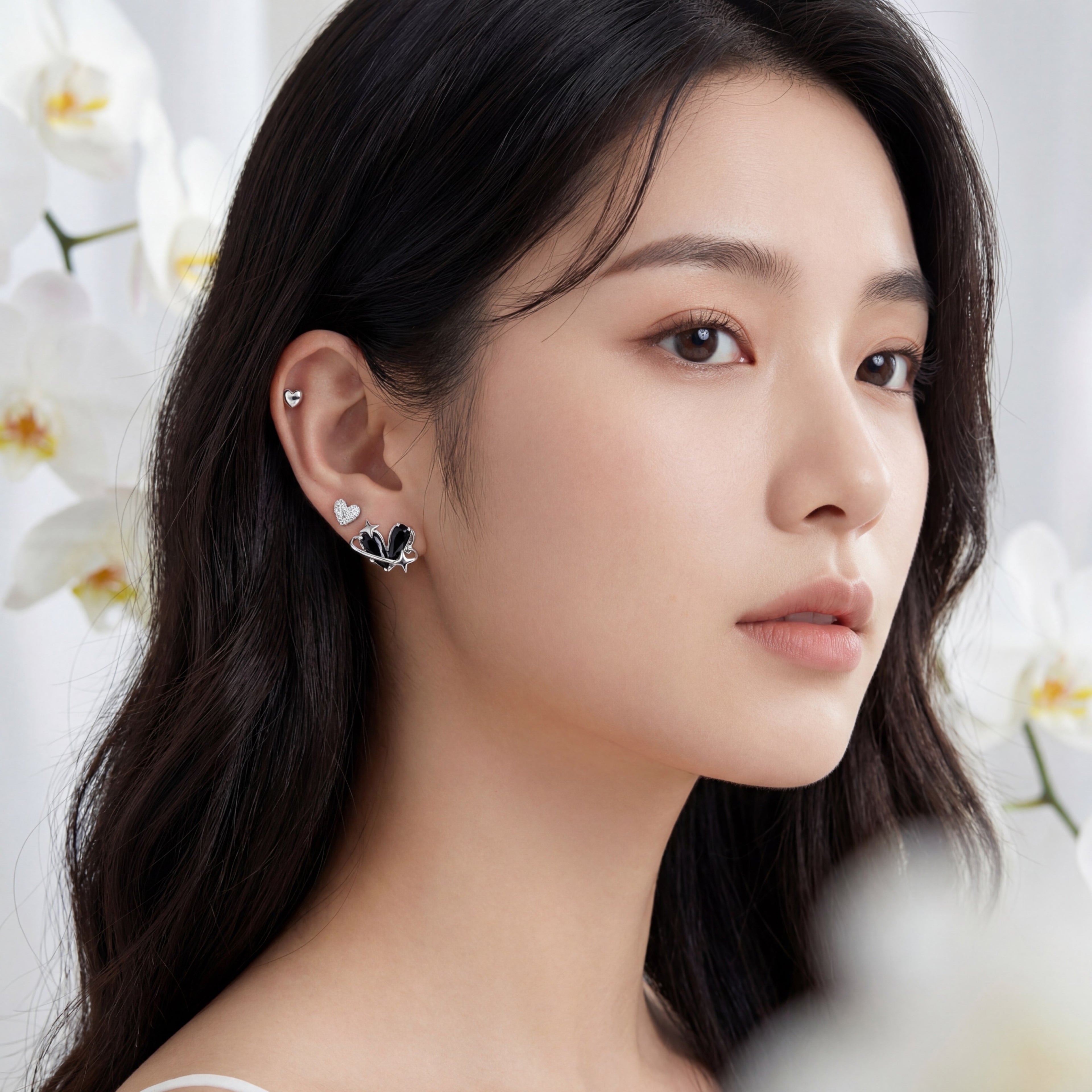 Korean Midnight Galaxy & Pavé Heart Earring Set. : YUFSER026-SB