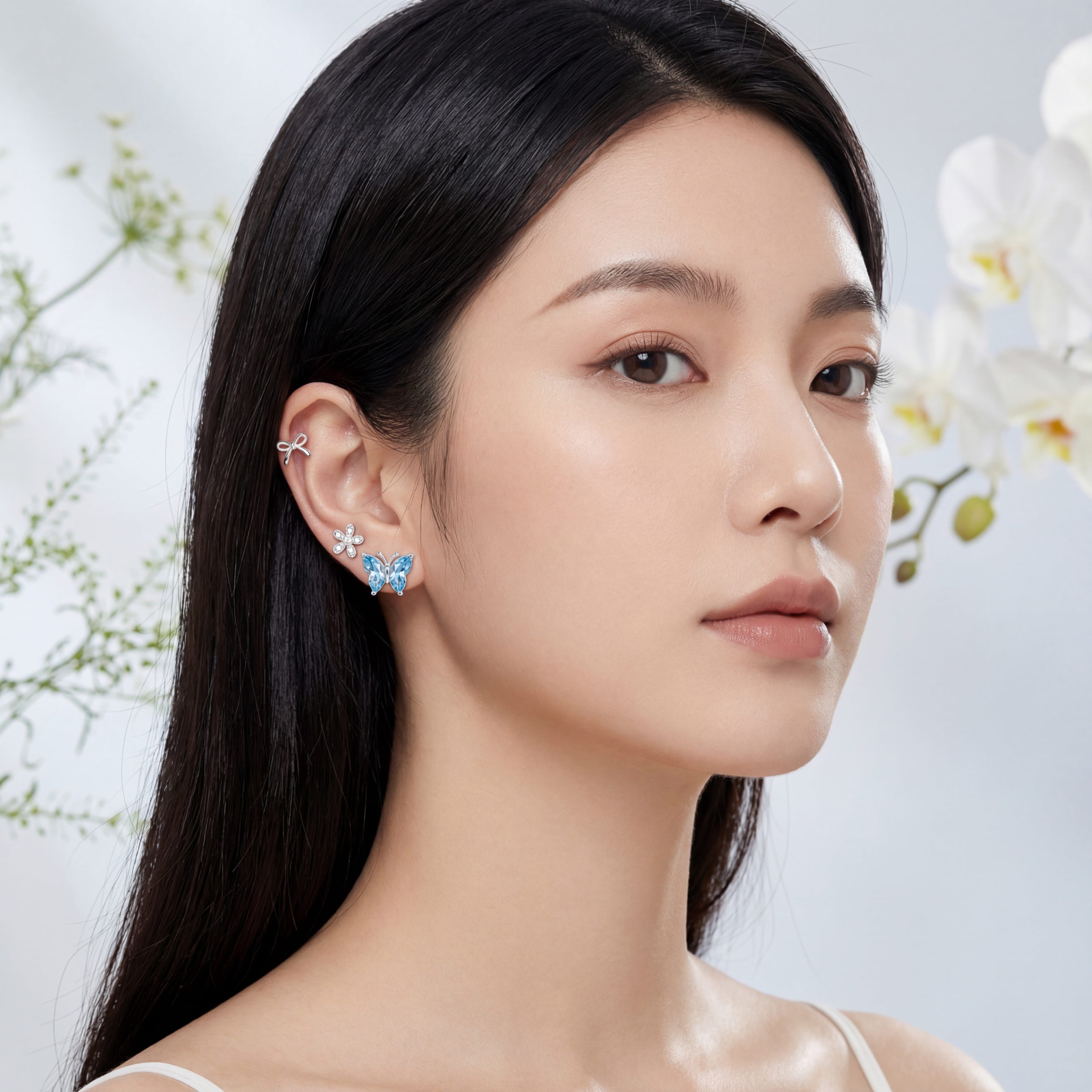 Korean Azure Meadow & Pavé Earring Trio : YUFSER028-SB