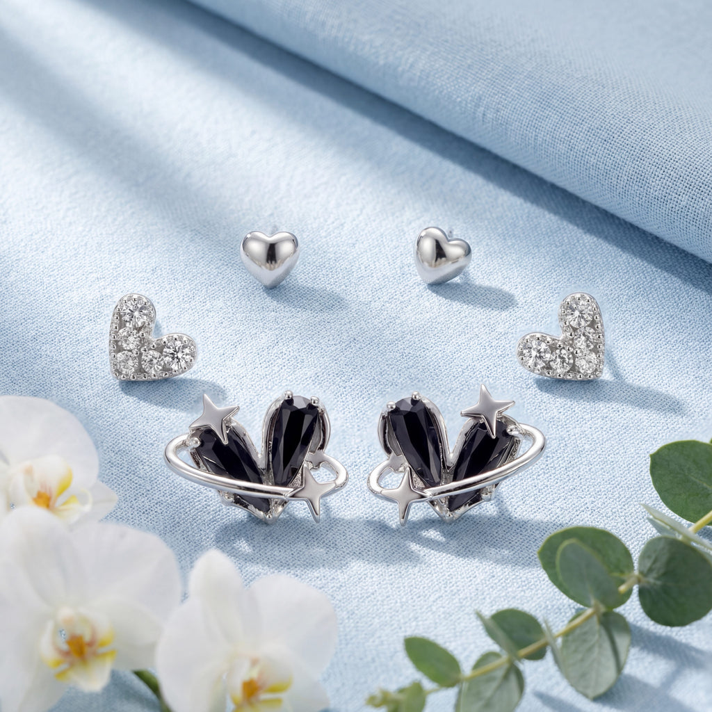 Korean Midnight Galaxy & Pavé Heart Earring Set. : YUFSER026-SB