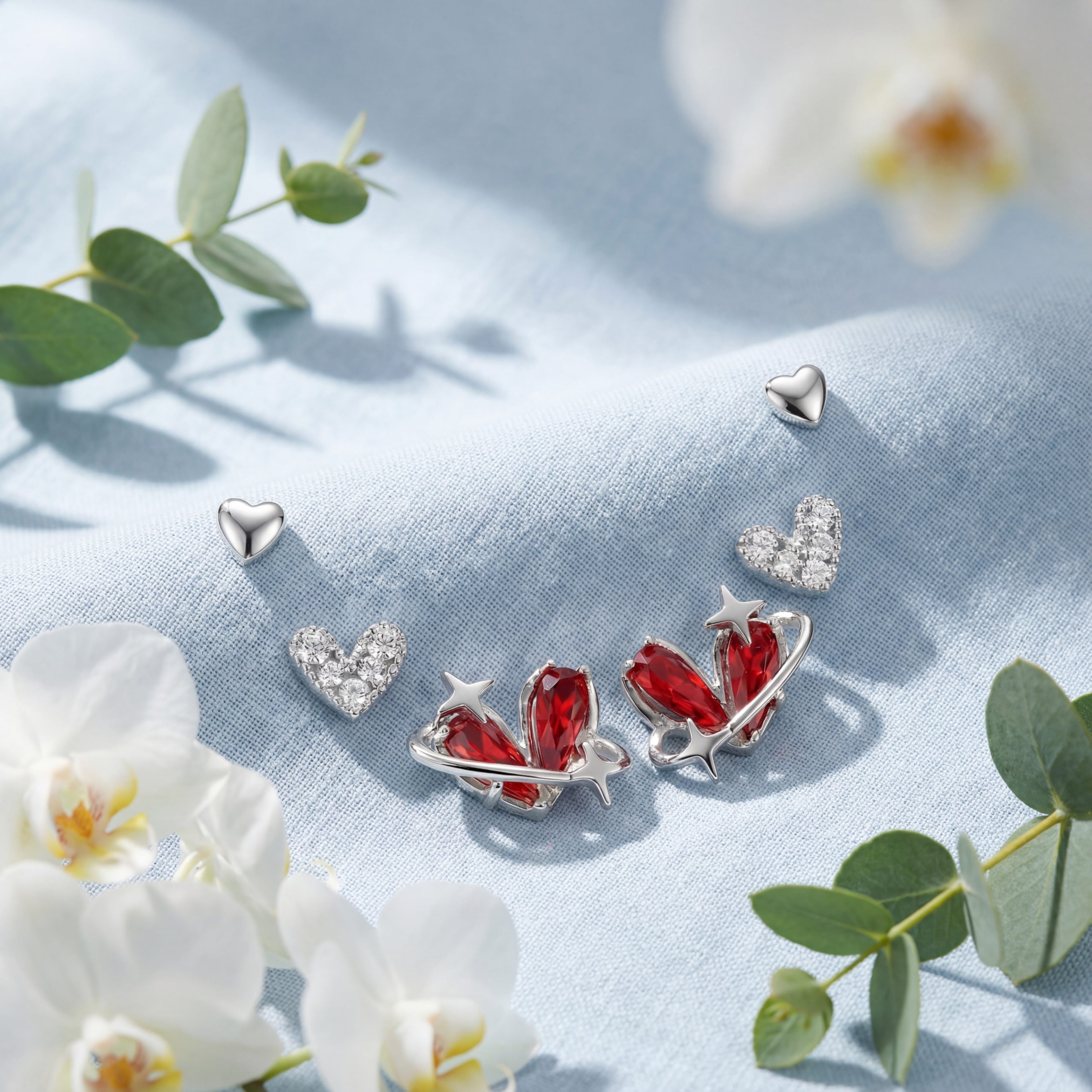 Korean Midnight Galaxy & Pavé Heart Earring Set. : YUFSER026-SR