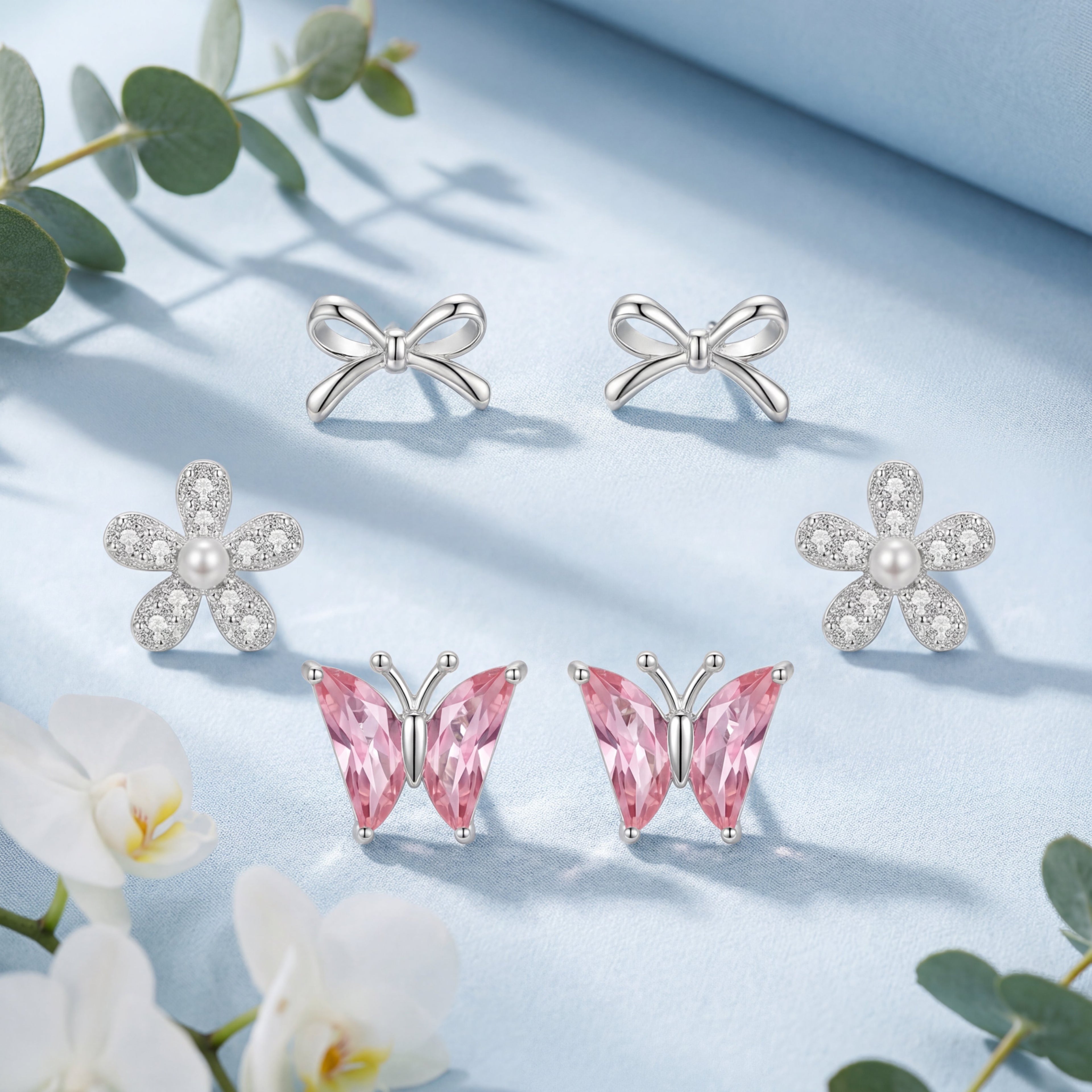 Korean Azure Meadow & Pavé Earring Trio : YUFSER028-SP