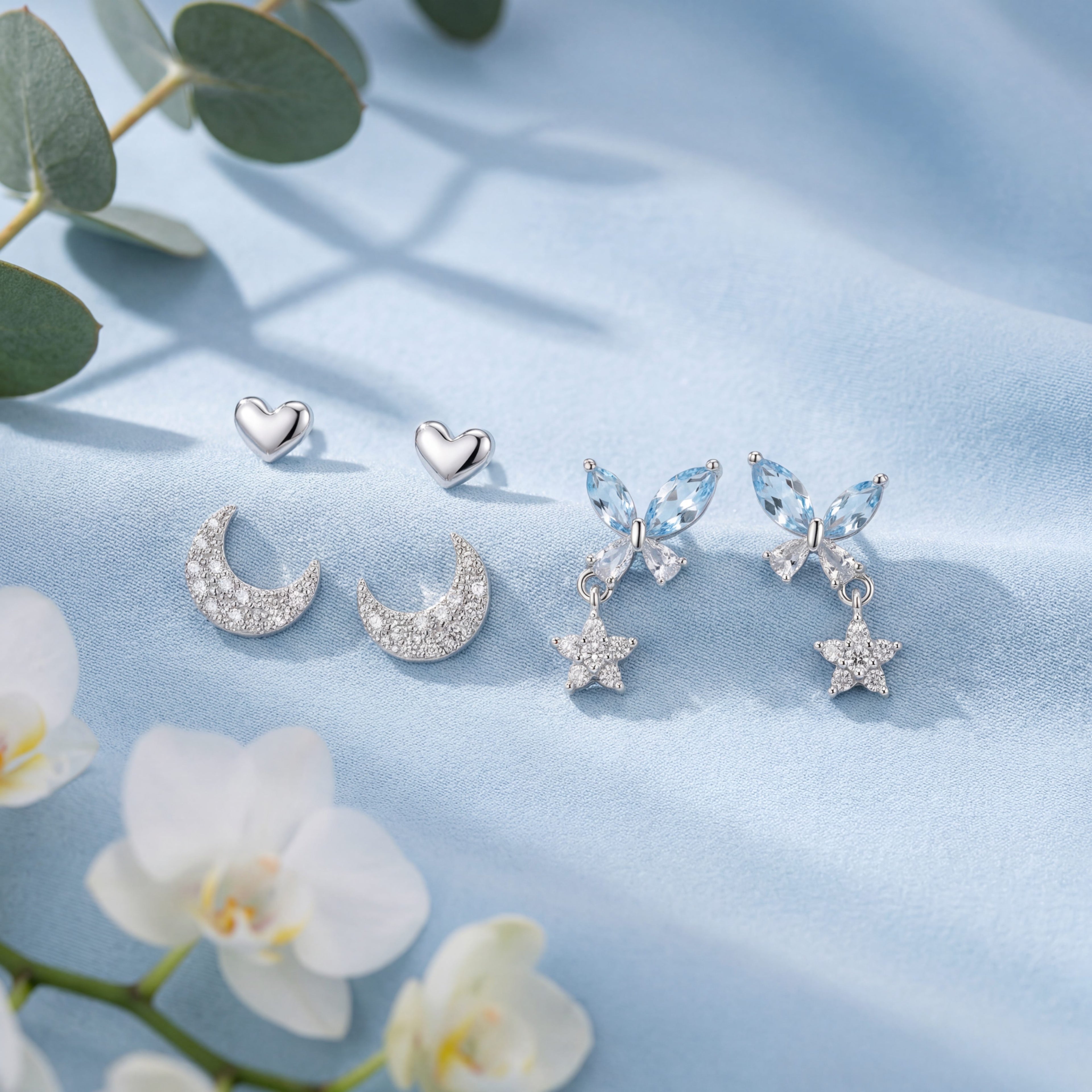 Korean Midnight Sky & Crystal Butterfly Earring Trio : YUFSER029-SB