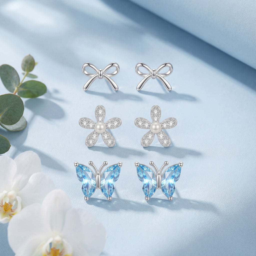 Korean Azure Meadow & Pavé Earring Trio : YUFSER028-SB