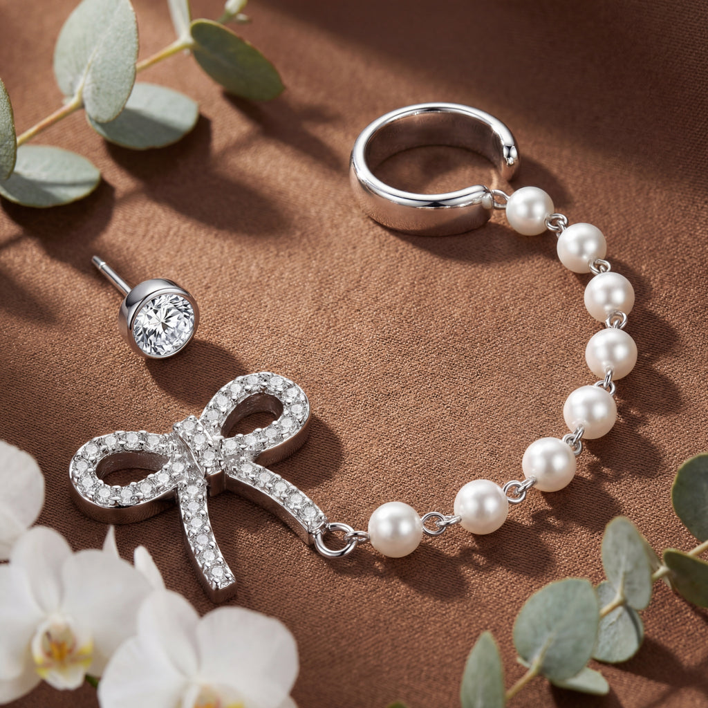 Korean Coquette Bow & Drop Pearl Ear Wrap : YUFSER372