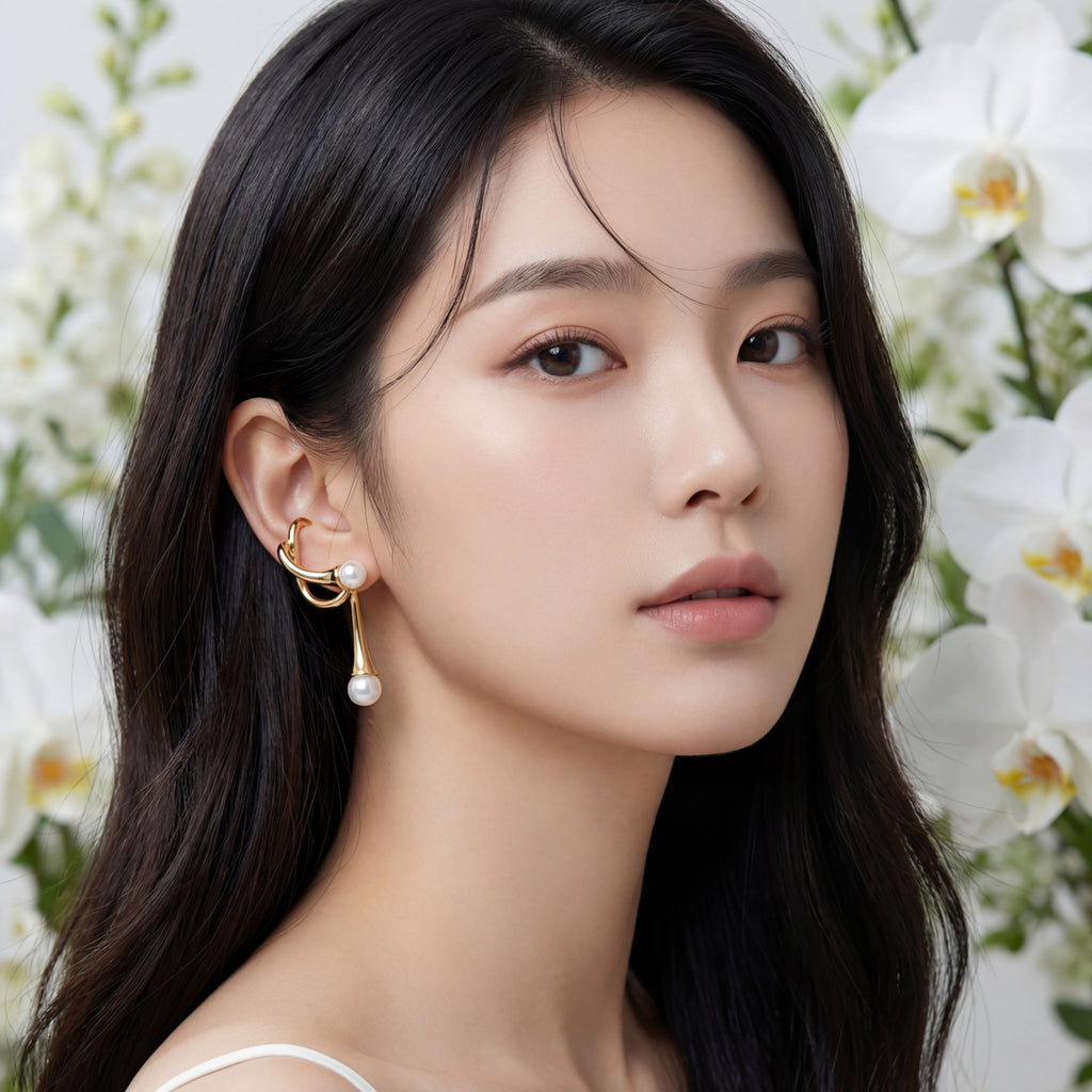 Korean Sculptural Gold Pearl Drop : YUFSER383