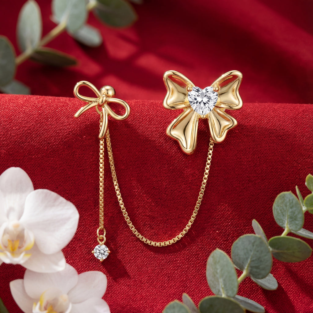 Korean Coquette Heart Bow Linked Studs : YUFSER382