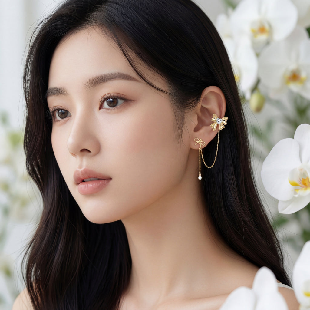 Korean Coquette Heart Bow Linked Studs : YUFSER382