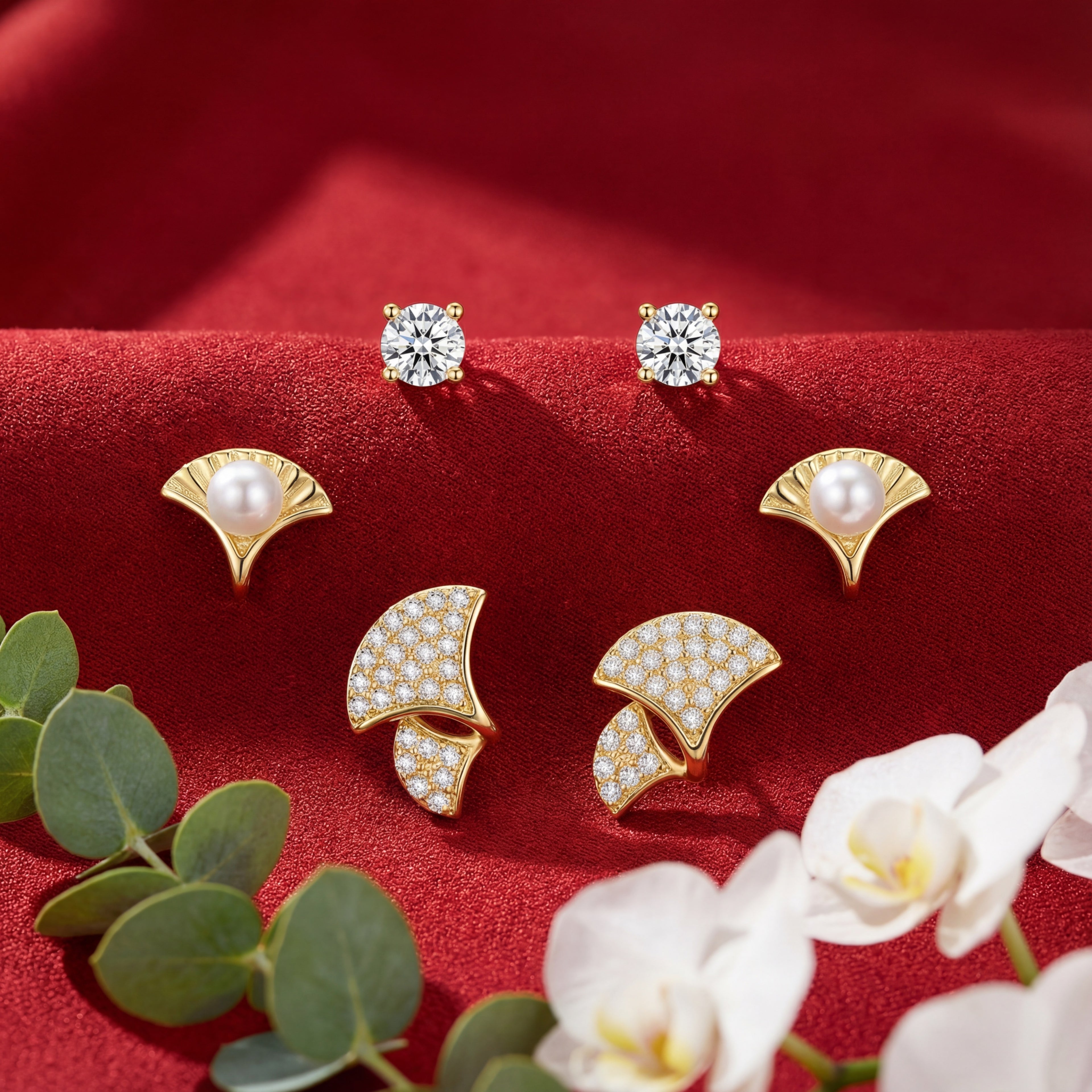 Korean Ginko Leaf Pearl Stud Set : YUFSER387