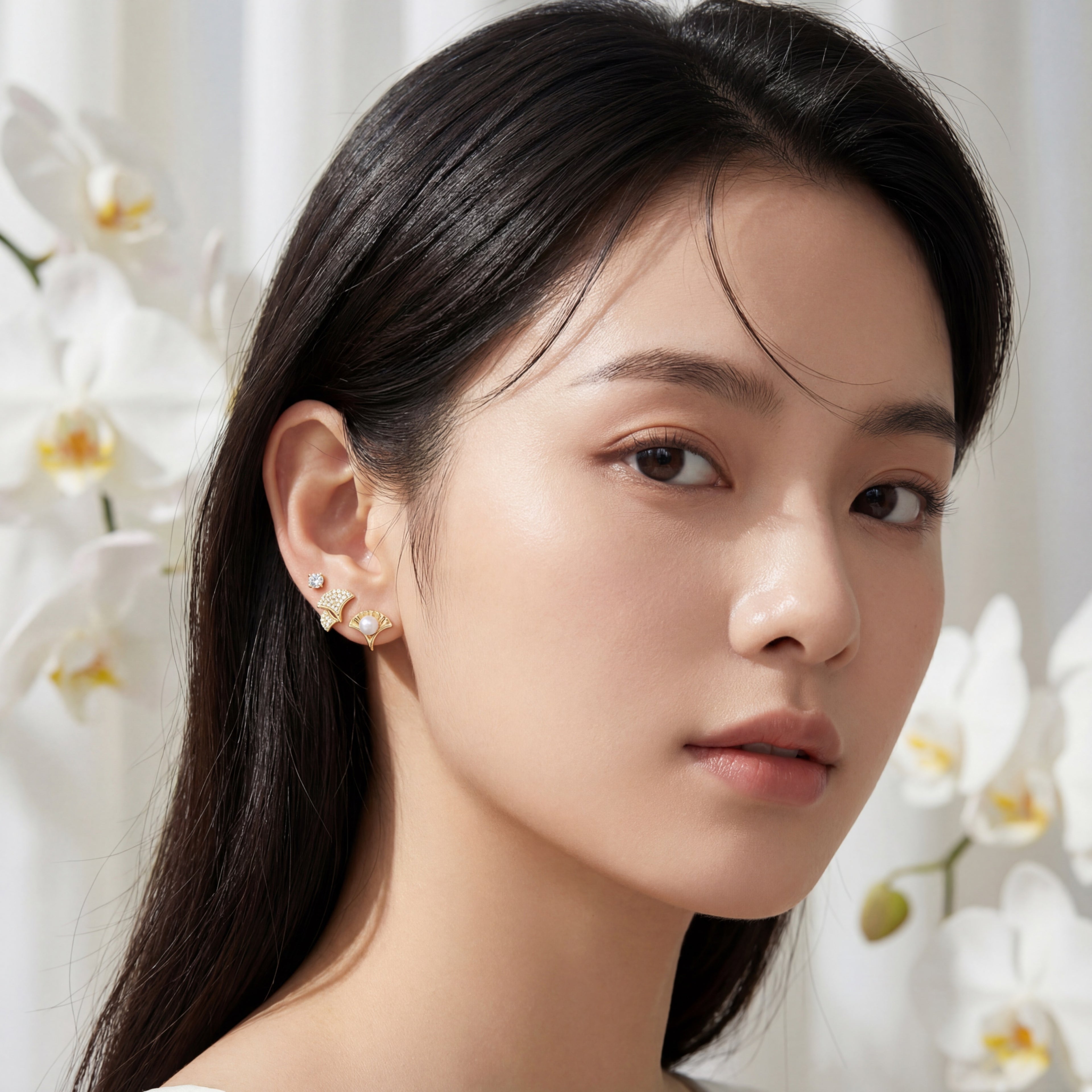 Korean Ginko Leaf Pearl Stud Set : YUFSER387