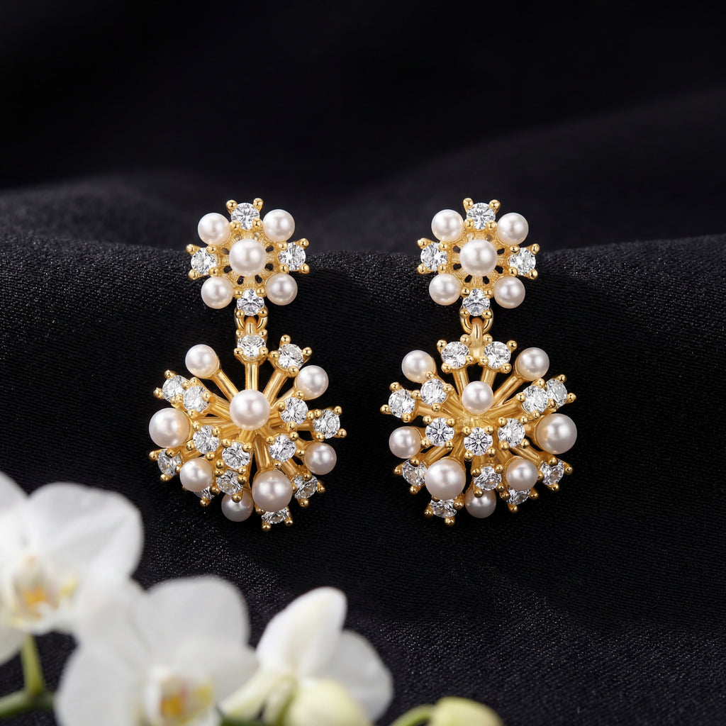 Korean Starburst Pearl & Zirconia Drop Earrings