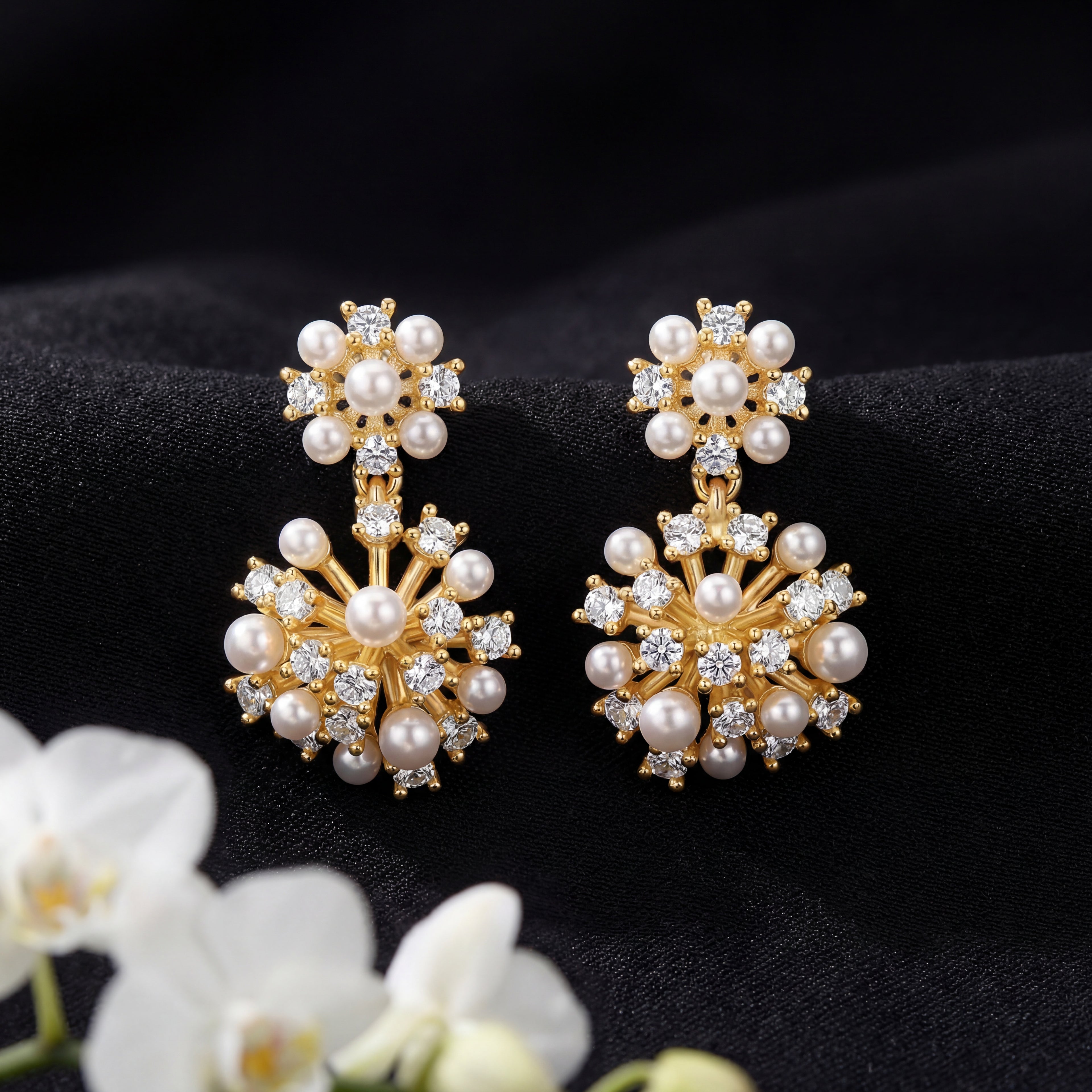 Korean Starburst Pearl & Zirconia Drop Earrings