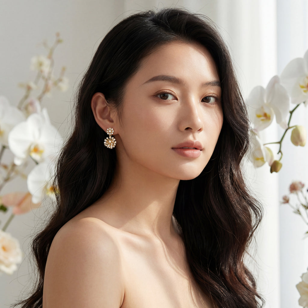 Korean Starburst Pearl & Zirconia Drop Earrings