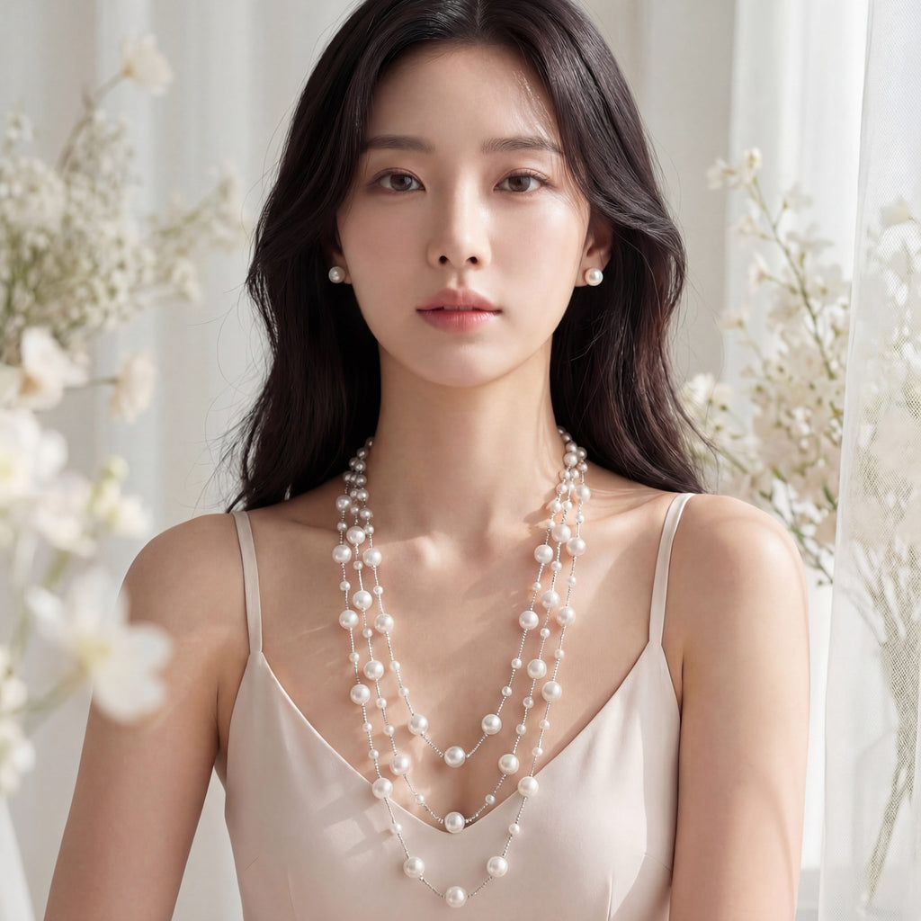 Korean Long Layered Pearl Jewelry Set