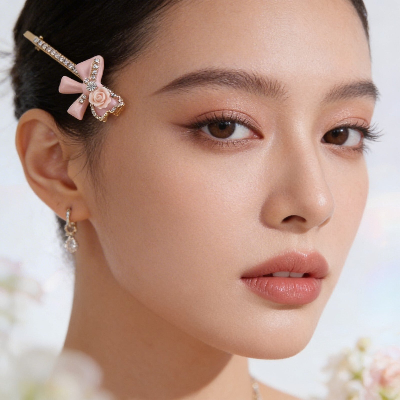Korean Blush Rose & Crystal Bow Decorative Bobby Pin