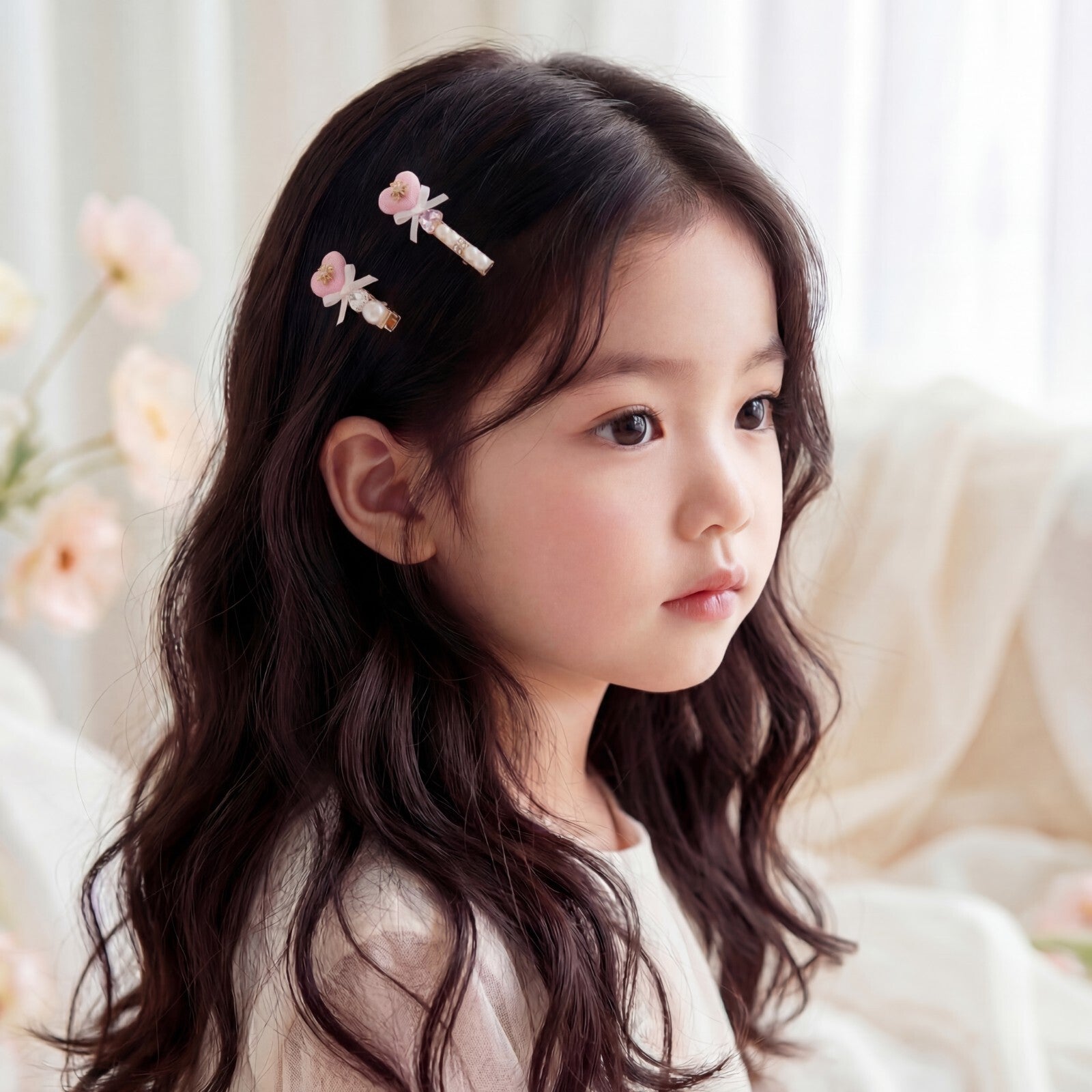 Korean Tweed Heart & Lace Bow Hair Clip Duo