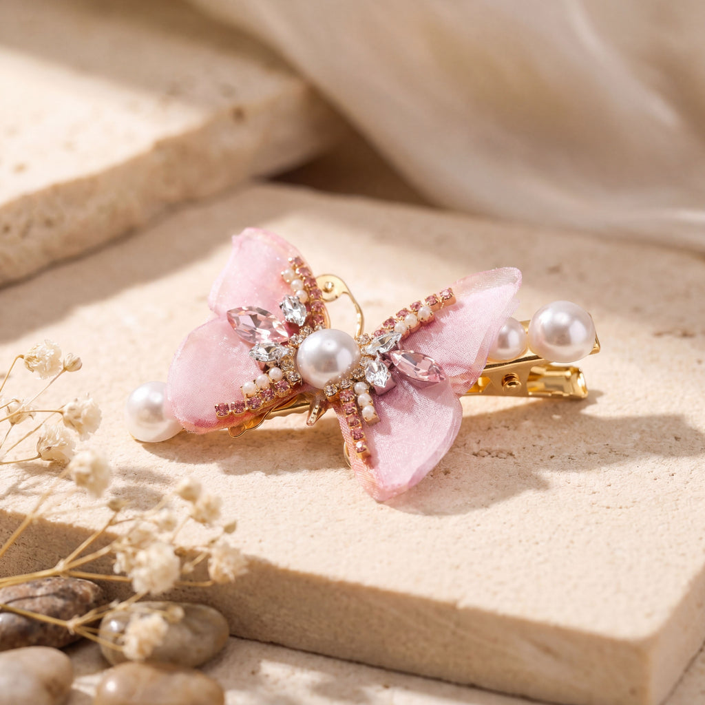 Pink Organza Butterfly Barrette : YUFSHR220