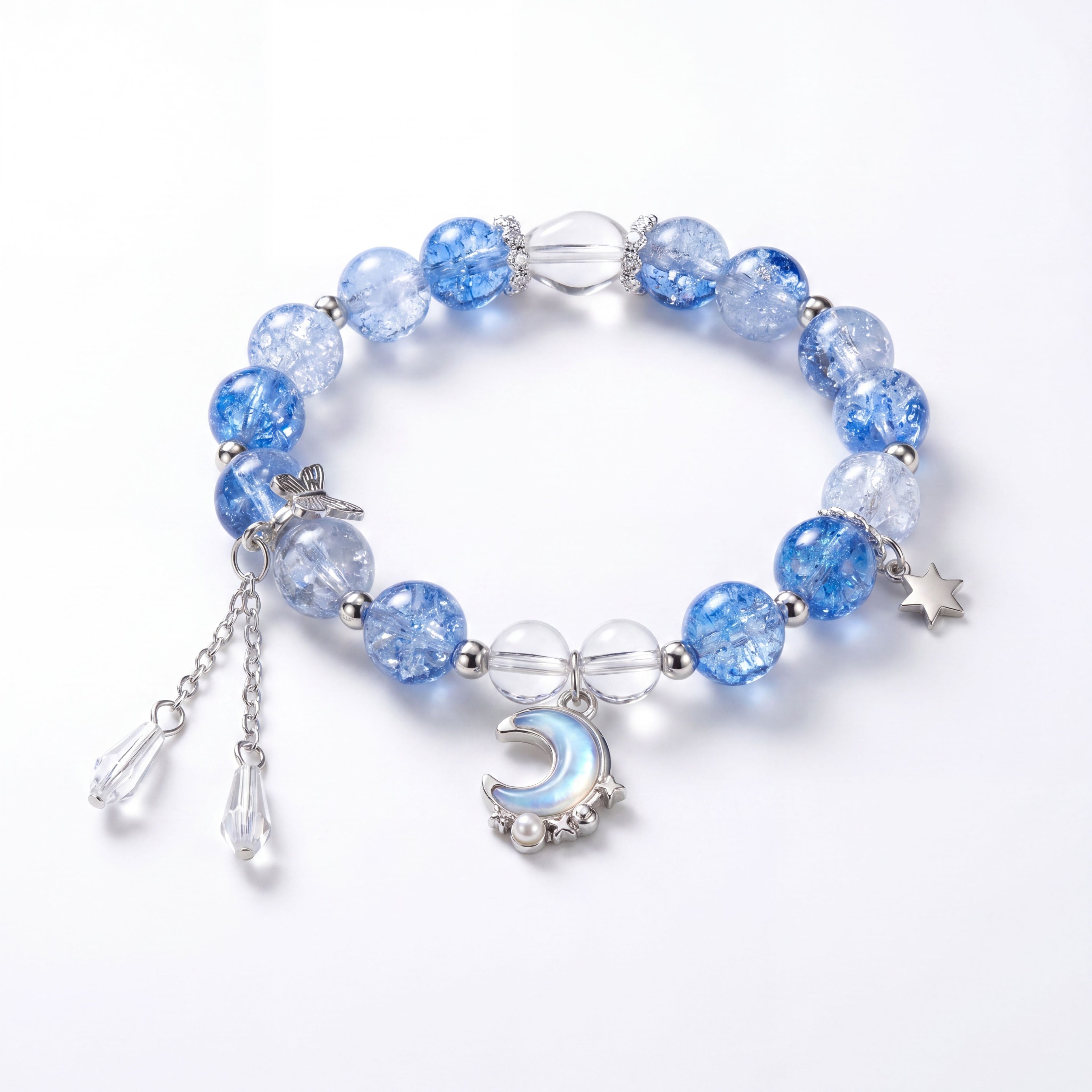 Korean Midnight Moon & Star Crackle Glass Charm Bracelet