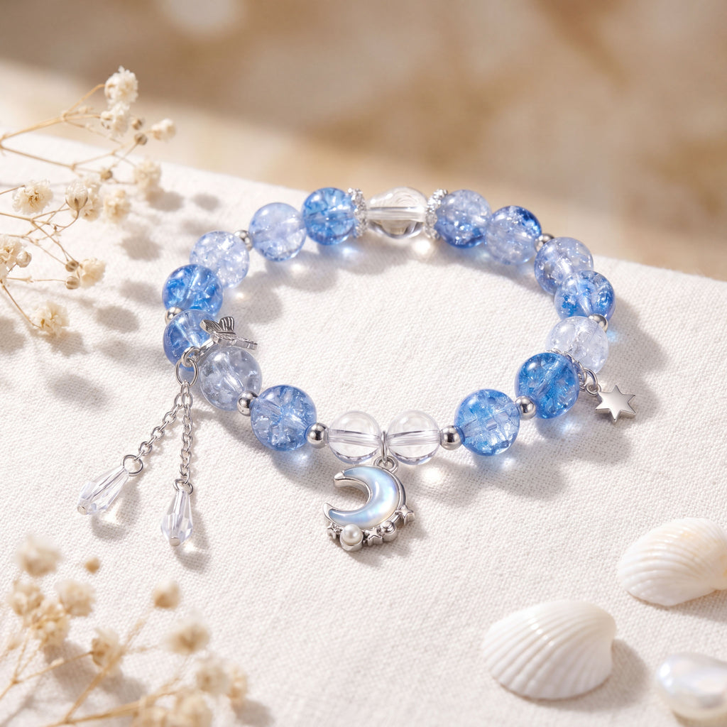 Korean Midnight Moon & Star Crackle Glass Charm Bracelet