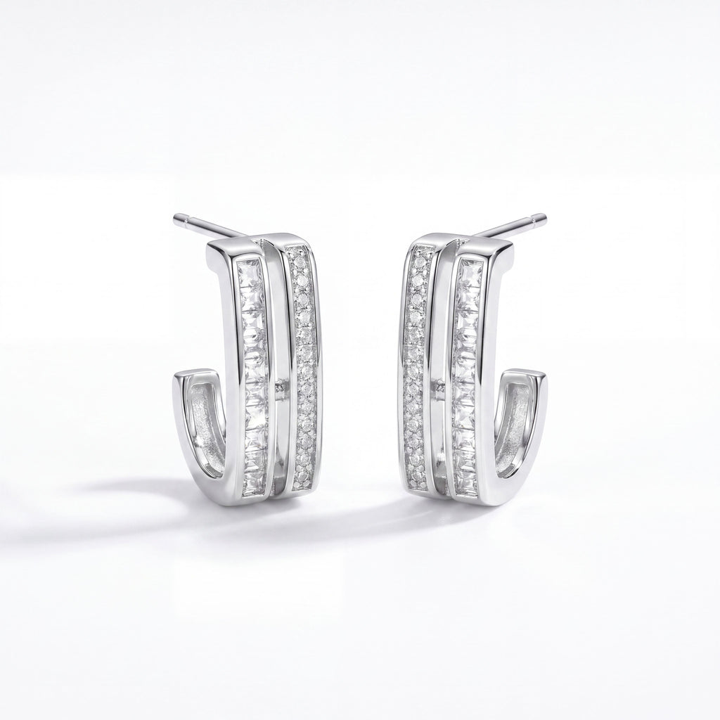 Korean Parallel Pavé J-Hoop Earrings