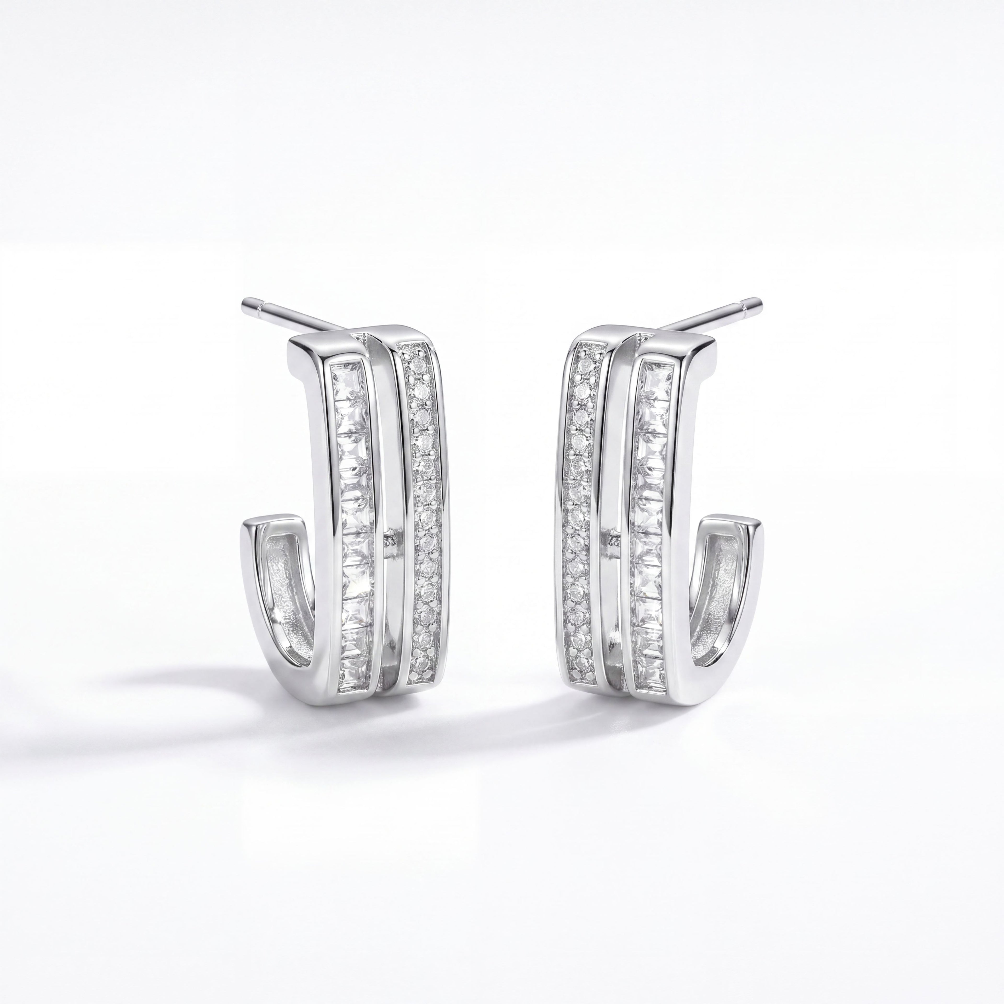Korean Parallel Pavé J-Hoop Earrings