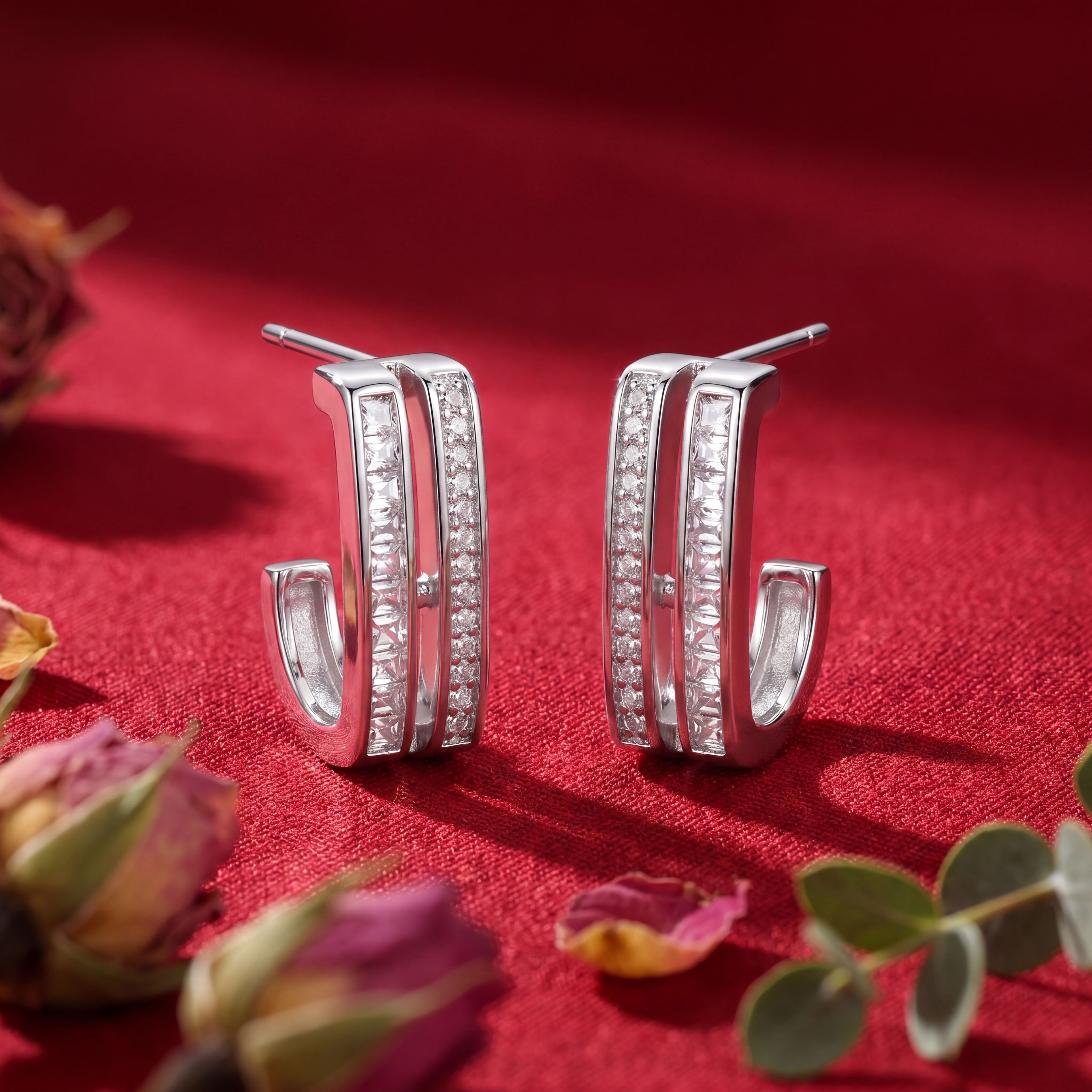 Korean Parallel Pavé J-Hoop Earrings