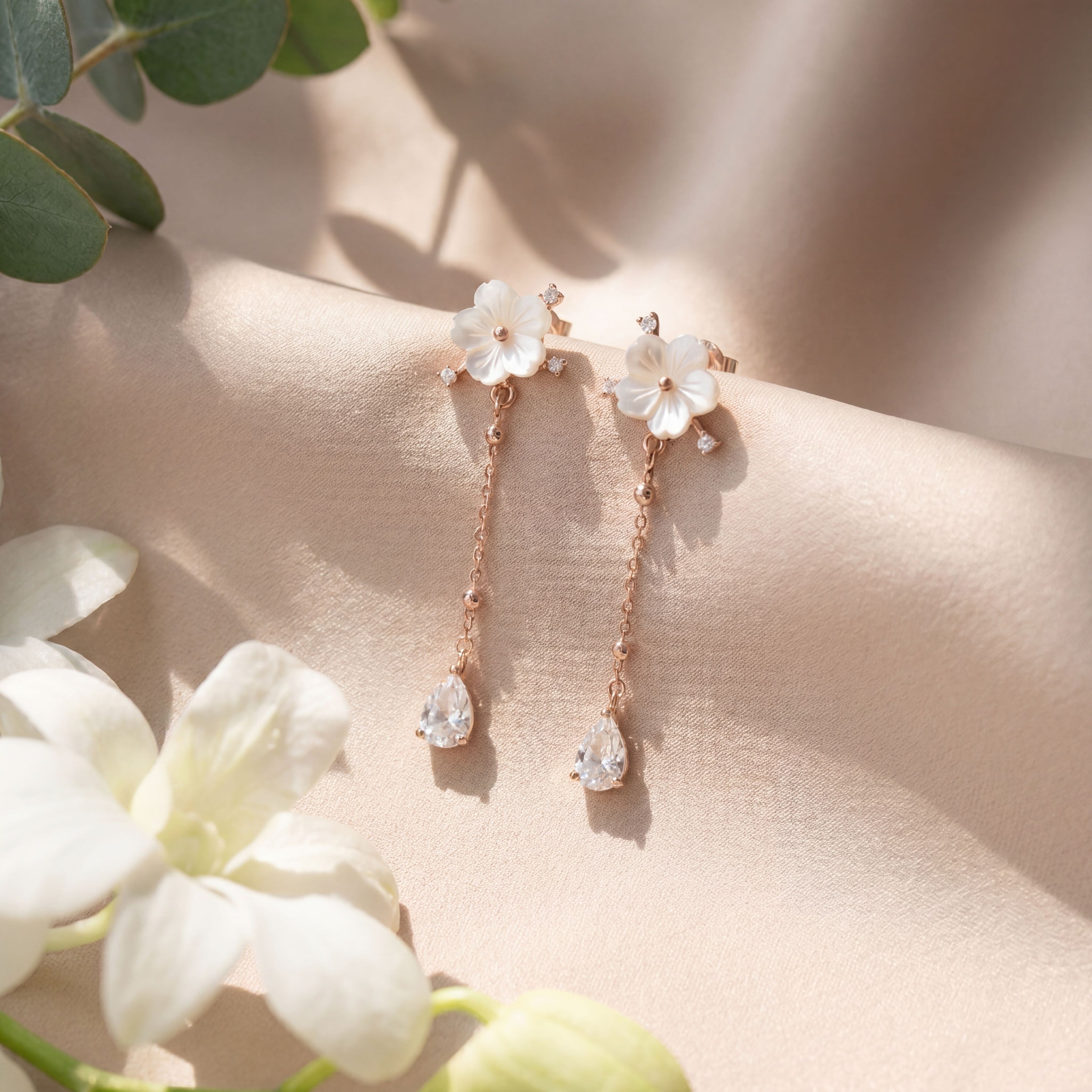 Korean Flower Crystal Drop Earrings.