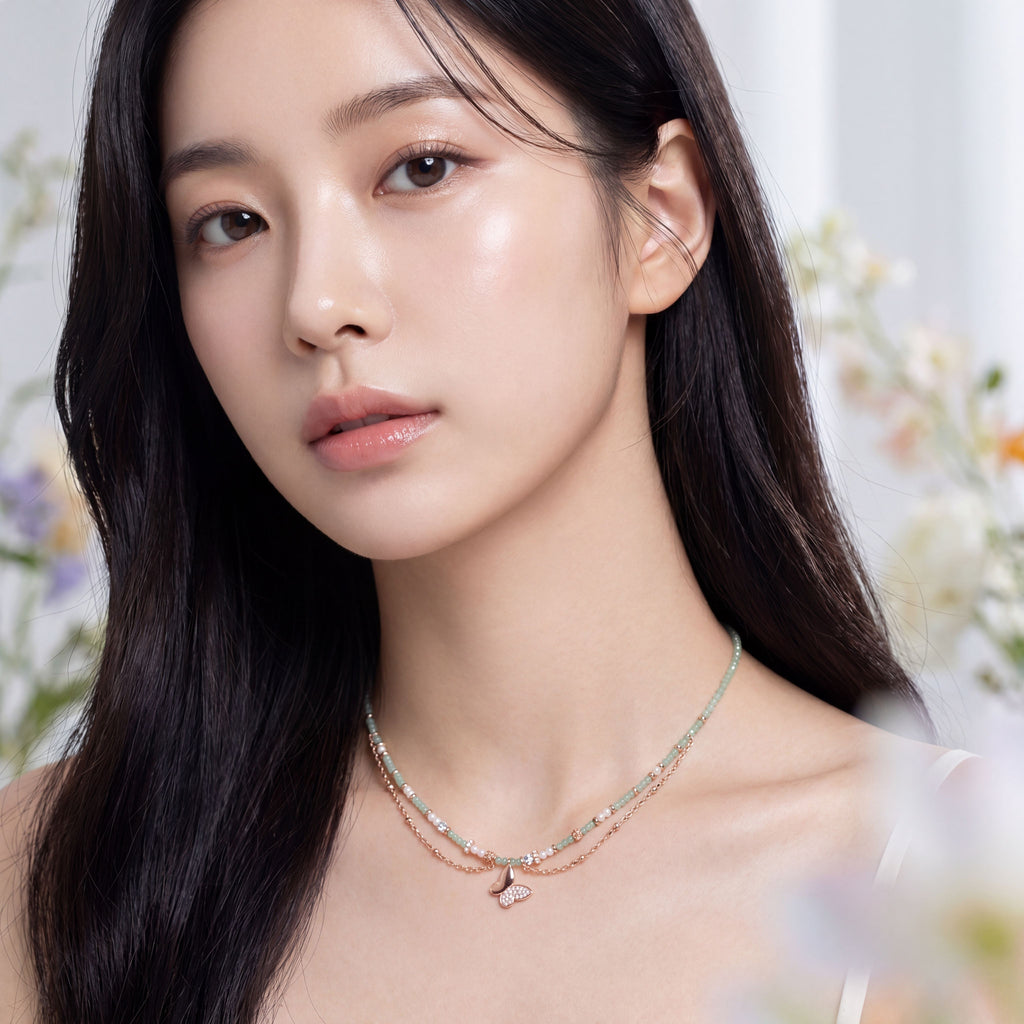 Korean Sage Green & Pearl Butterfly Layered Necklace