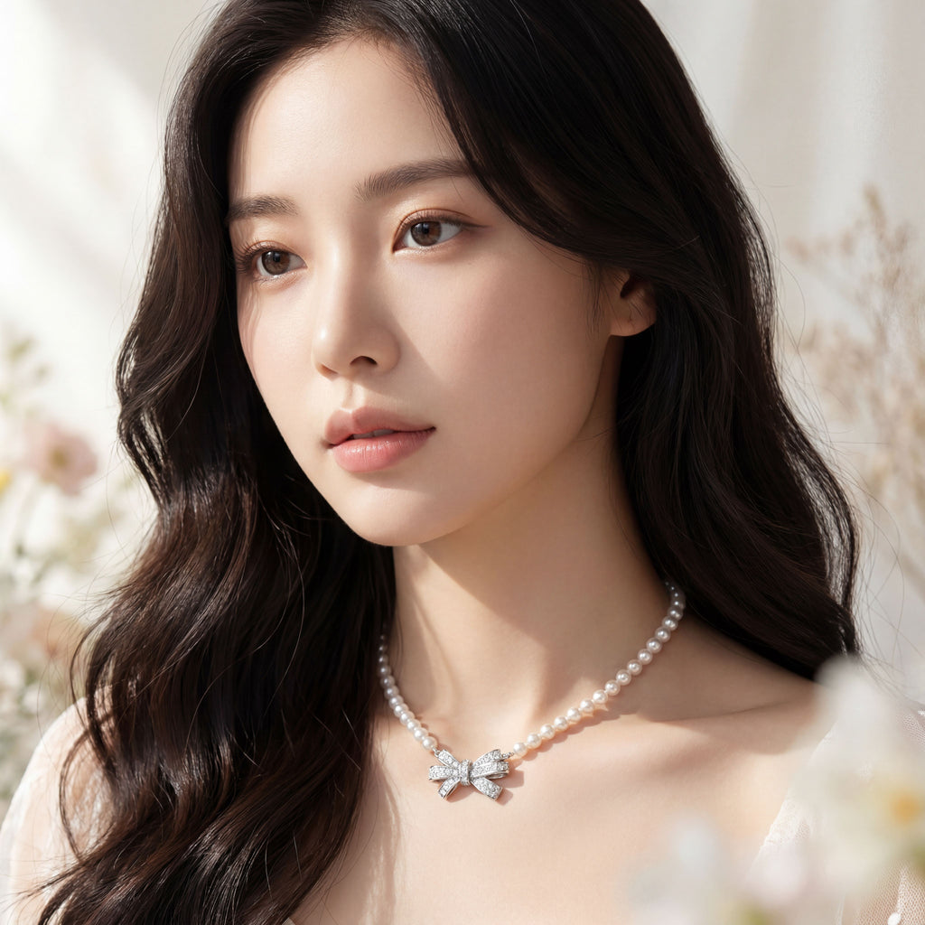 Korean Radiant Pave Bow Pearl Necklace