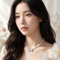 Korean Radiant Pave Bow Pearl Necklace