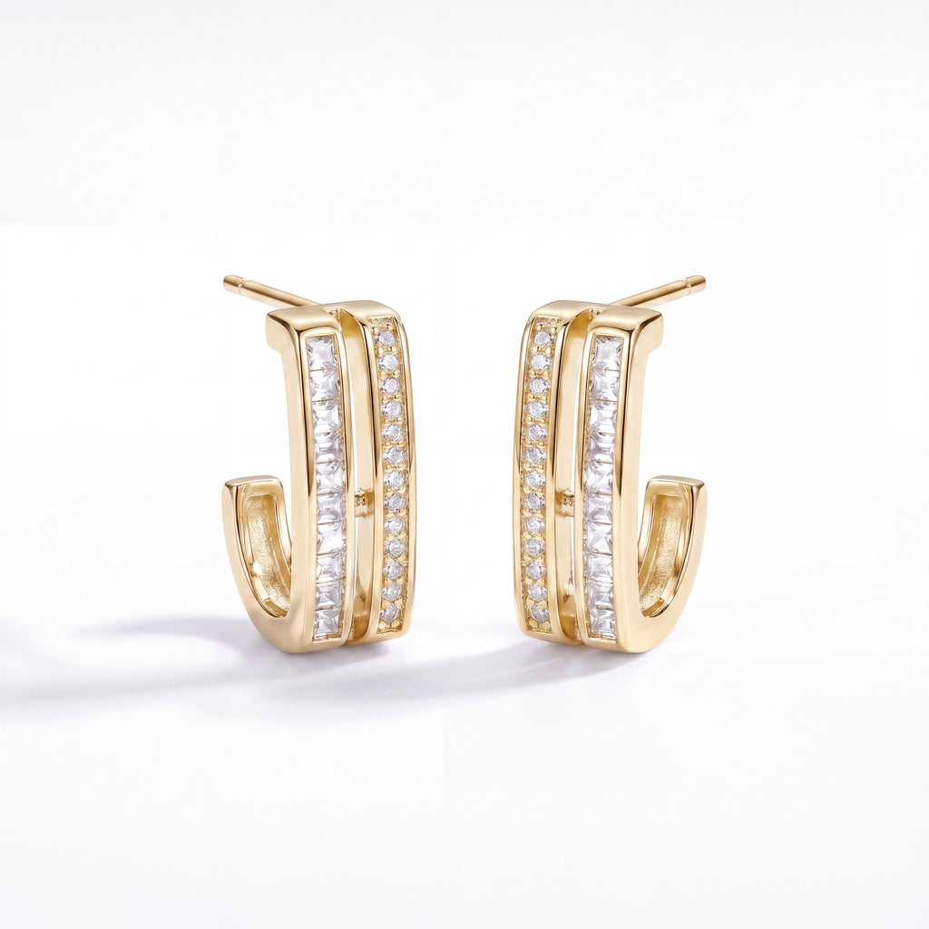 Korean Parallel Pavé J-Hoop Earrings