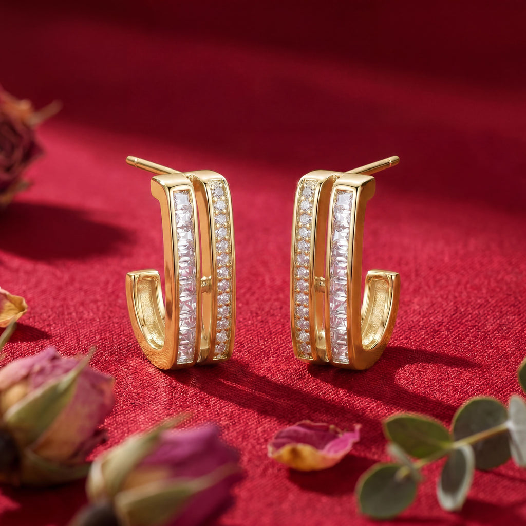 Korean Parallel Pavé J-Hoop Earrings